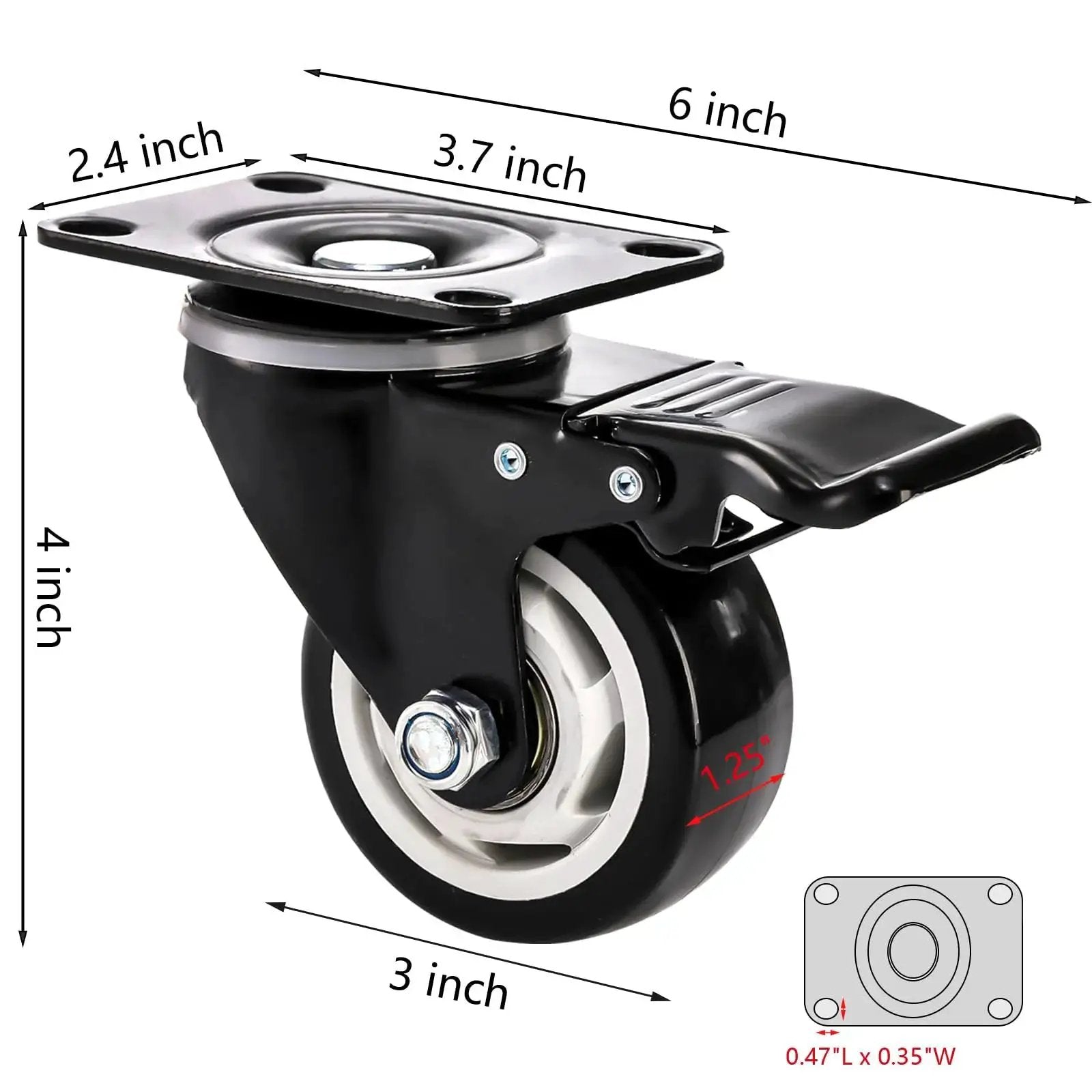 8 Pack 3 Inch Caster Wheels With Safety Brake Heavy Duty Swivel Plate Casters 360 Degree Rotating No Noise Wheel