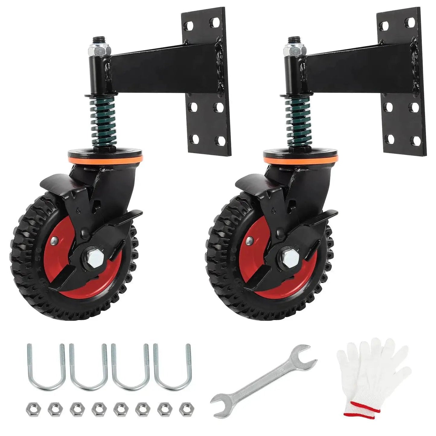 6 Inch Gate Wheels With Brake, 360 Degree Swivel, Spring Loaded Gate Rollers for Metal and Wood Gates, 500 lbs, 2 Pack