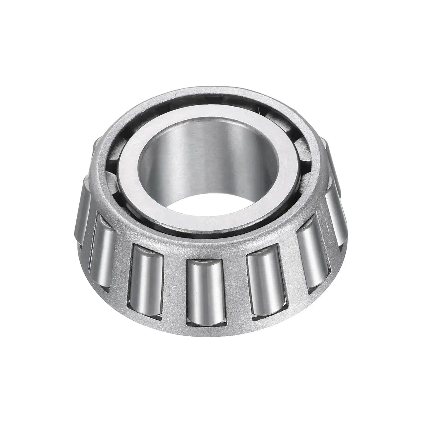 High load chrome steel tapered roller bearing cone and cup set, front view, showing smooth operation for heavy duty use, ABEC 3 precision.