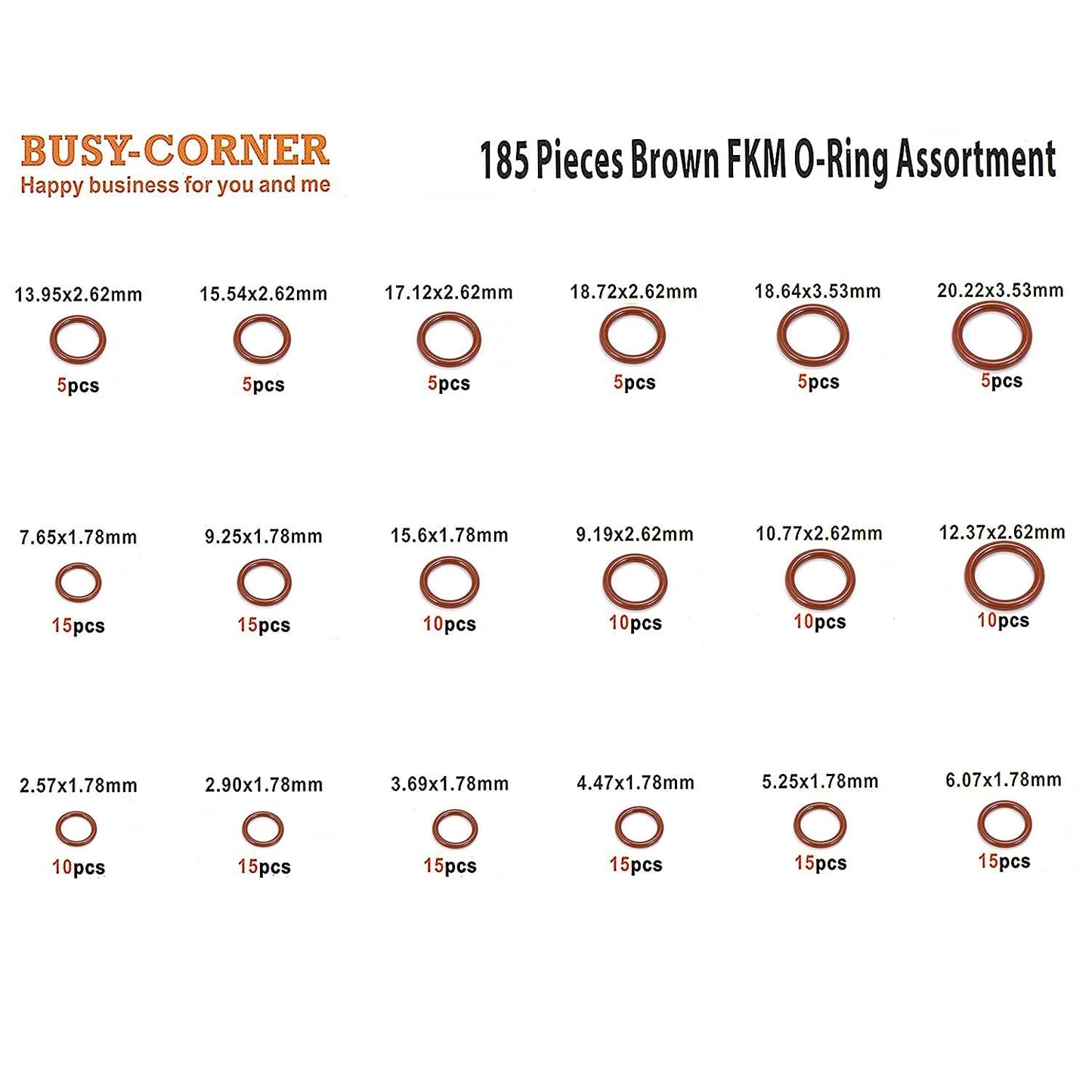 Pro Grade FKM O Ring Kit With 185 Pieces Brown Fluorocarbon 75A Durometer For Heavy Duty Sealing, various sizes displayed