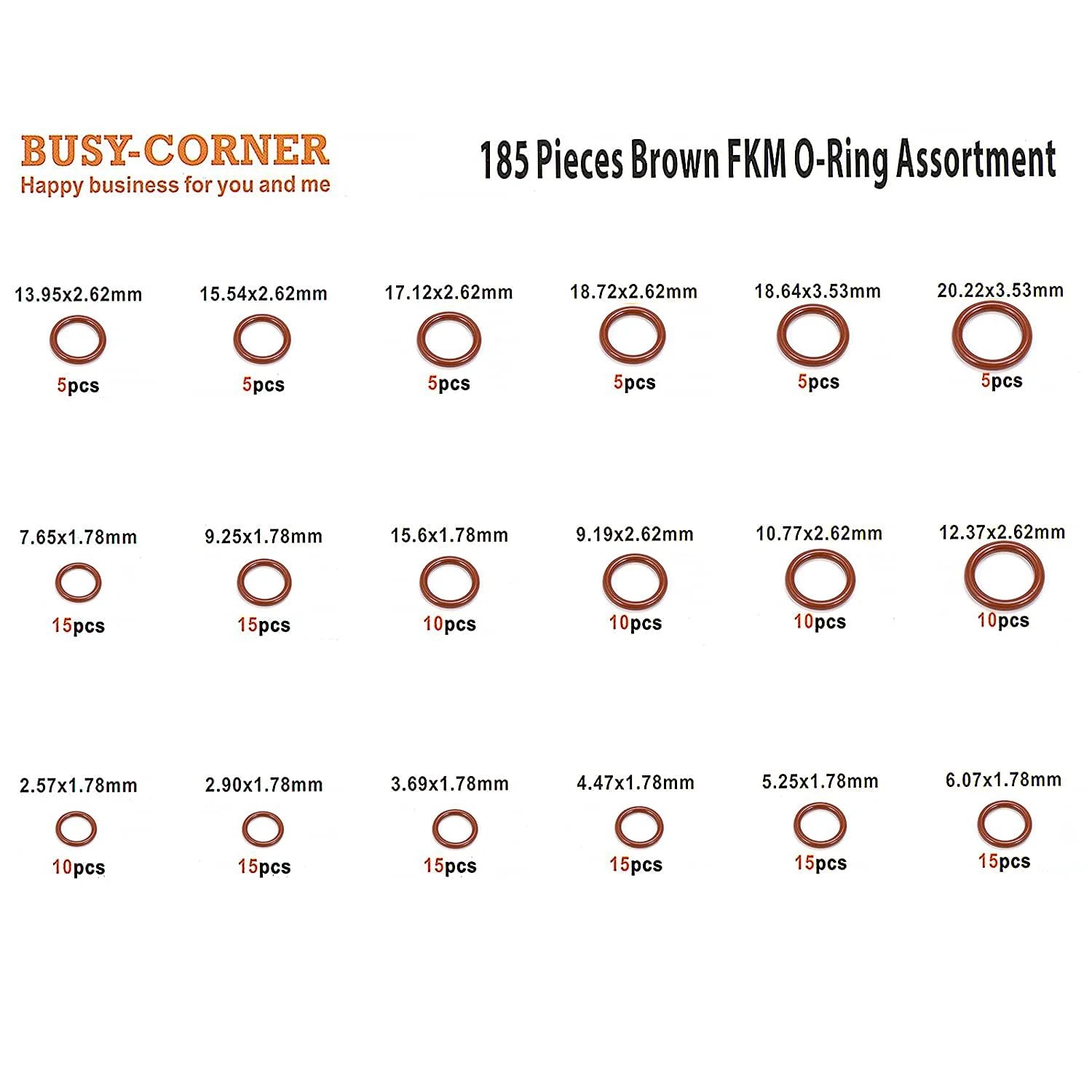 Pro Grade FKM O Ring Kit With 185 Pieces Brown Fluorocarbon 75A Durometer For Heavy Duty Sealing, various sizes displayed