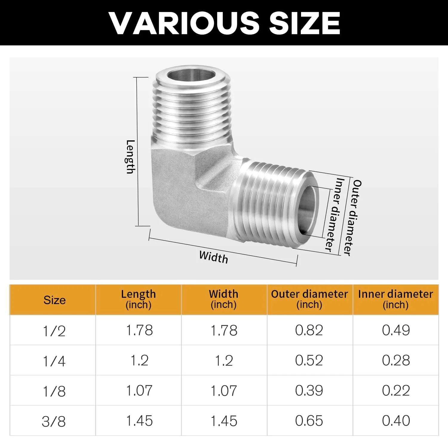 304 Stainless Steel 90 Degree Street Elbow One Quarter Inch NPT Male To One Quarter Inch NPT Male Pipe Fitting 2 Pack Forged diagram