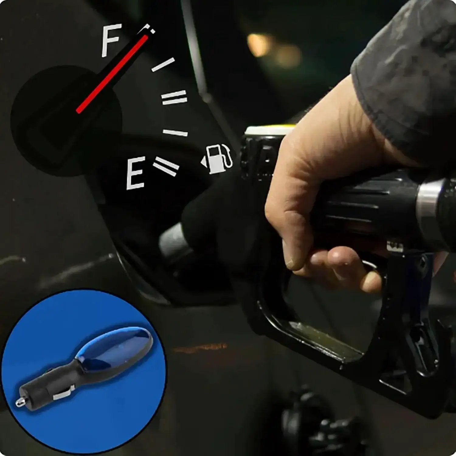 Hand pumping gas with gauge overlay and Plug And Play Gas Saver For Cars And Trucks Portable Fuel Economy Device 2 Pack inset.