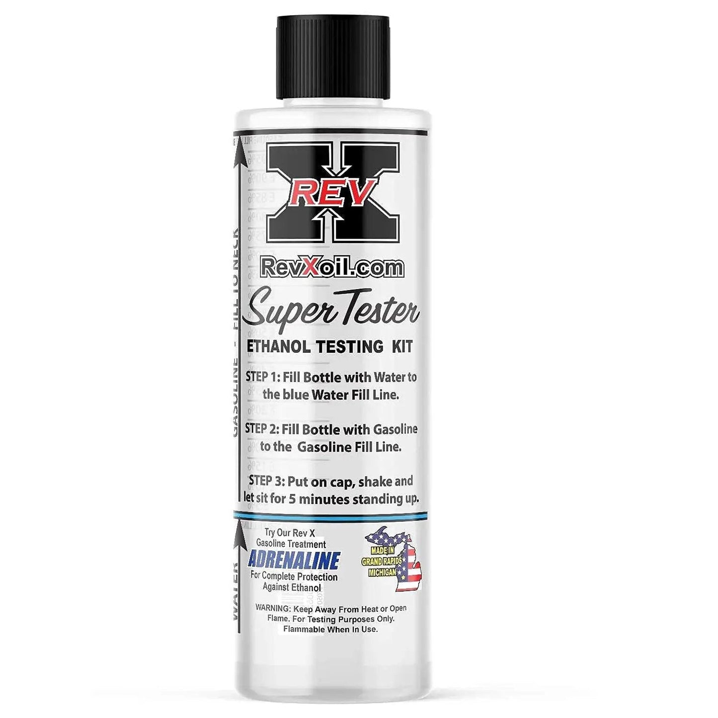 Front view of a Reusable Gasoline Ethanol Test Kit For Detecting E10 To E90 Ethanol Levels bottle with instructions.