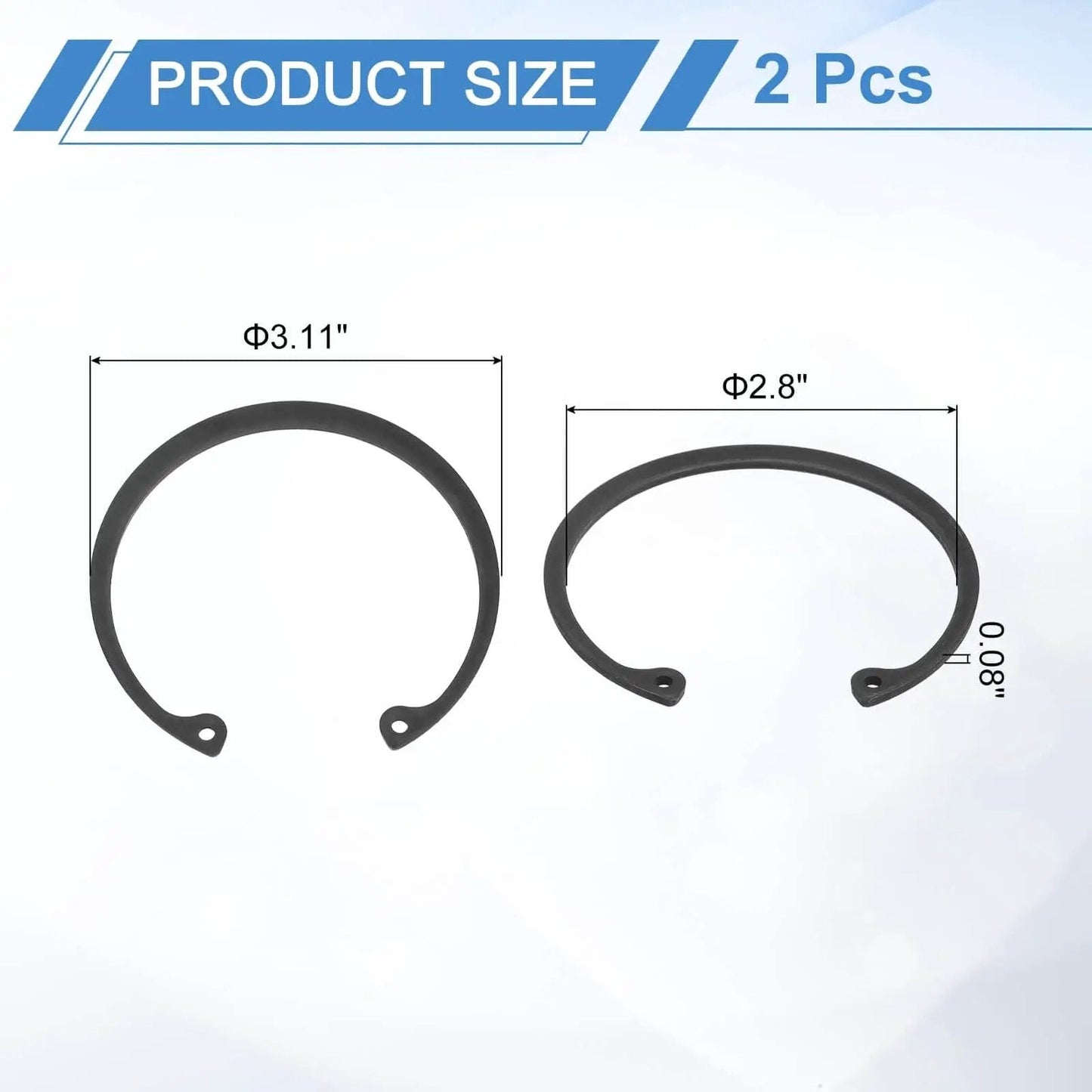 Internal Retaining Ring Circlip Set Two Pack For Grooved Shafts And Studs, 3.11 Inch Outer Diameter, 2.8 Inch Inner Hole, 0.08 Inch Thick, 65Mn Spring Steel With Black Oxide Finish, Durable Snap Ring C Clip For Mechanical Assemblies size chart