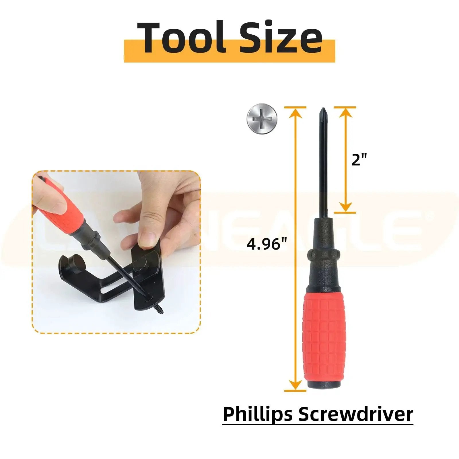Phillips screwdriver measuring 4.96 inches long with a red handle, shown being used to install a black bracket.