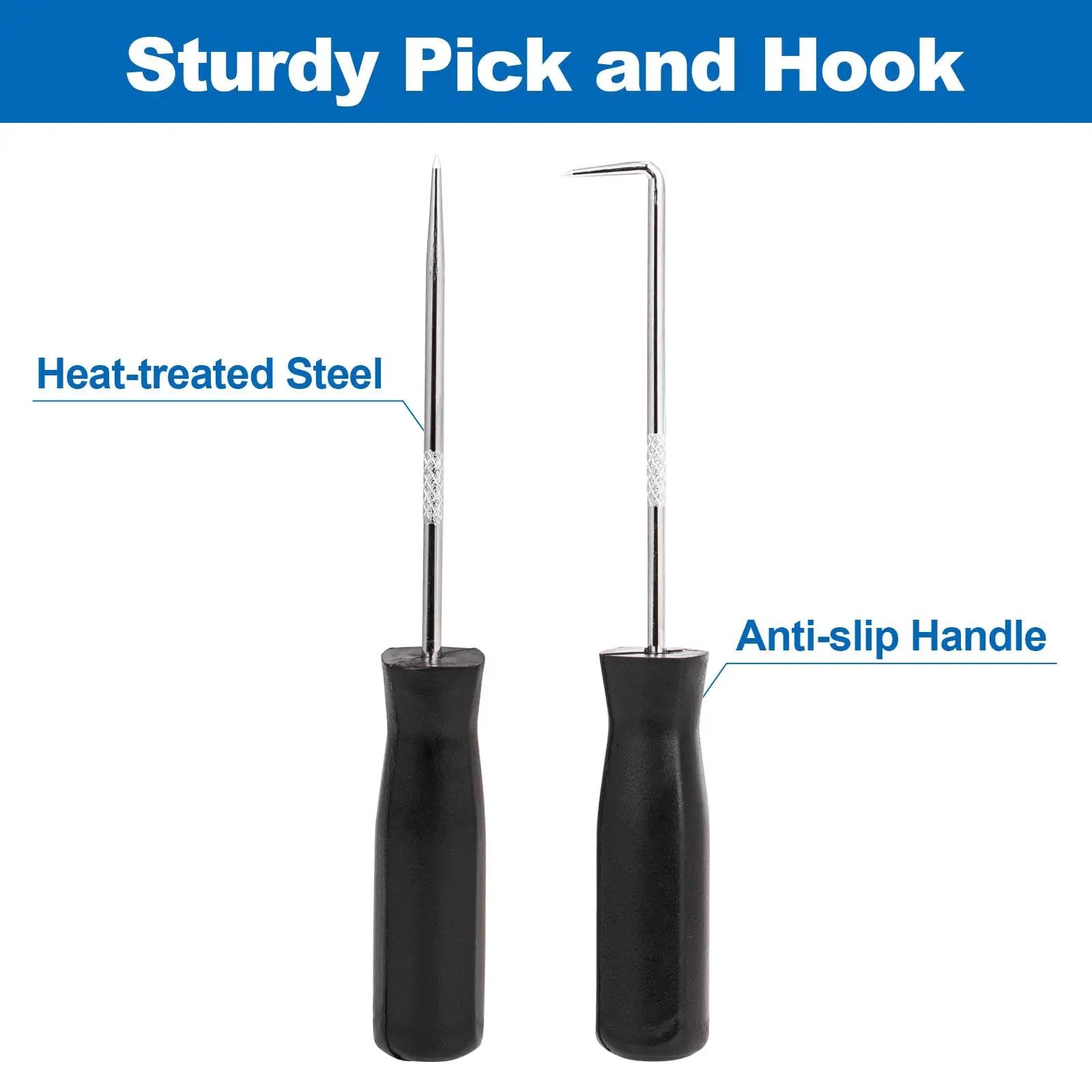 Sturdy pick and hook tools with heat-treated steel and anti-slip handles, part of Snap Ring Pliers Set 10 Piece Kit For Internal And External Retaining Rings With Bent And Straight Tips Heavy Duty Automotive Tools Include Pick And Storage Case.
