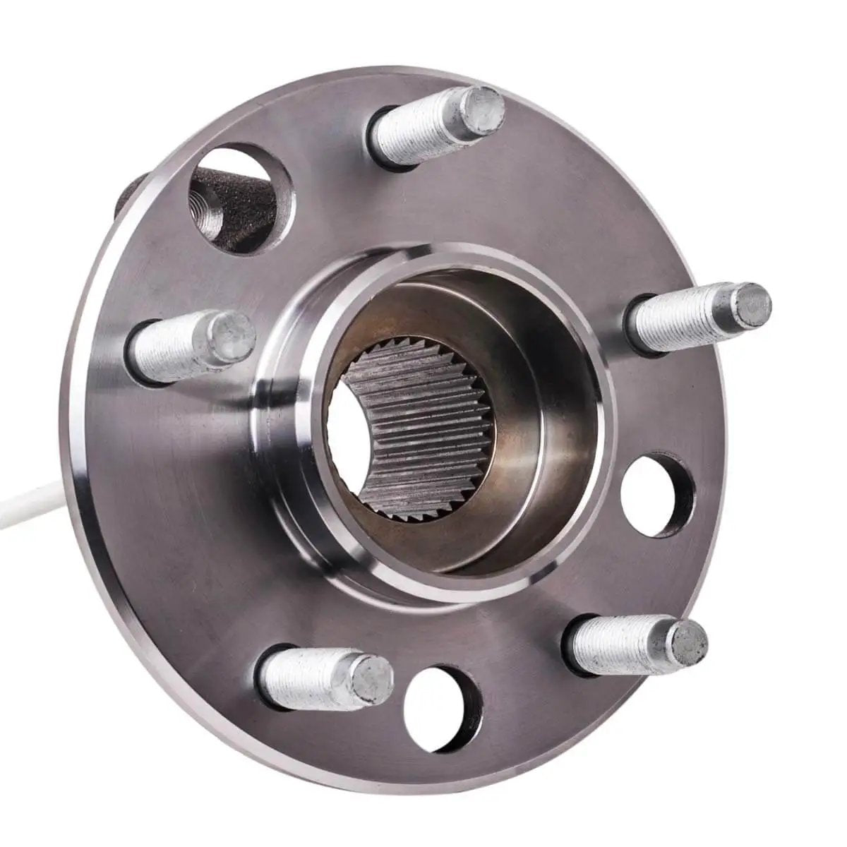 Close-up of front wheel hub and bearing assembly for 5 lug vehicles with ABS, compatible with Buick, Chevrolet, and Pontiac models.