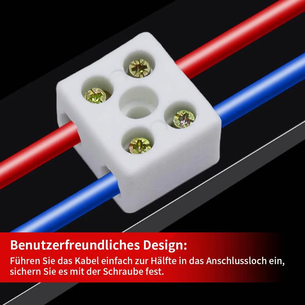 One Way Ceramic Terminal Block 10A 250V High Temp Porcelain Connector With 2.5mm Inlet For Electric Wire Cable 20 Pack Copper Contacts Built Tough For Stable Performance In Harsh Heat Wiring Projects, showing close-up of terminal block with red and blue wires inserted.