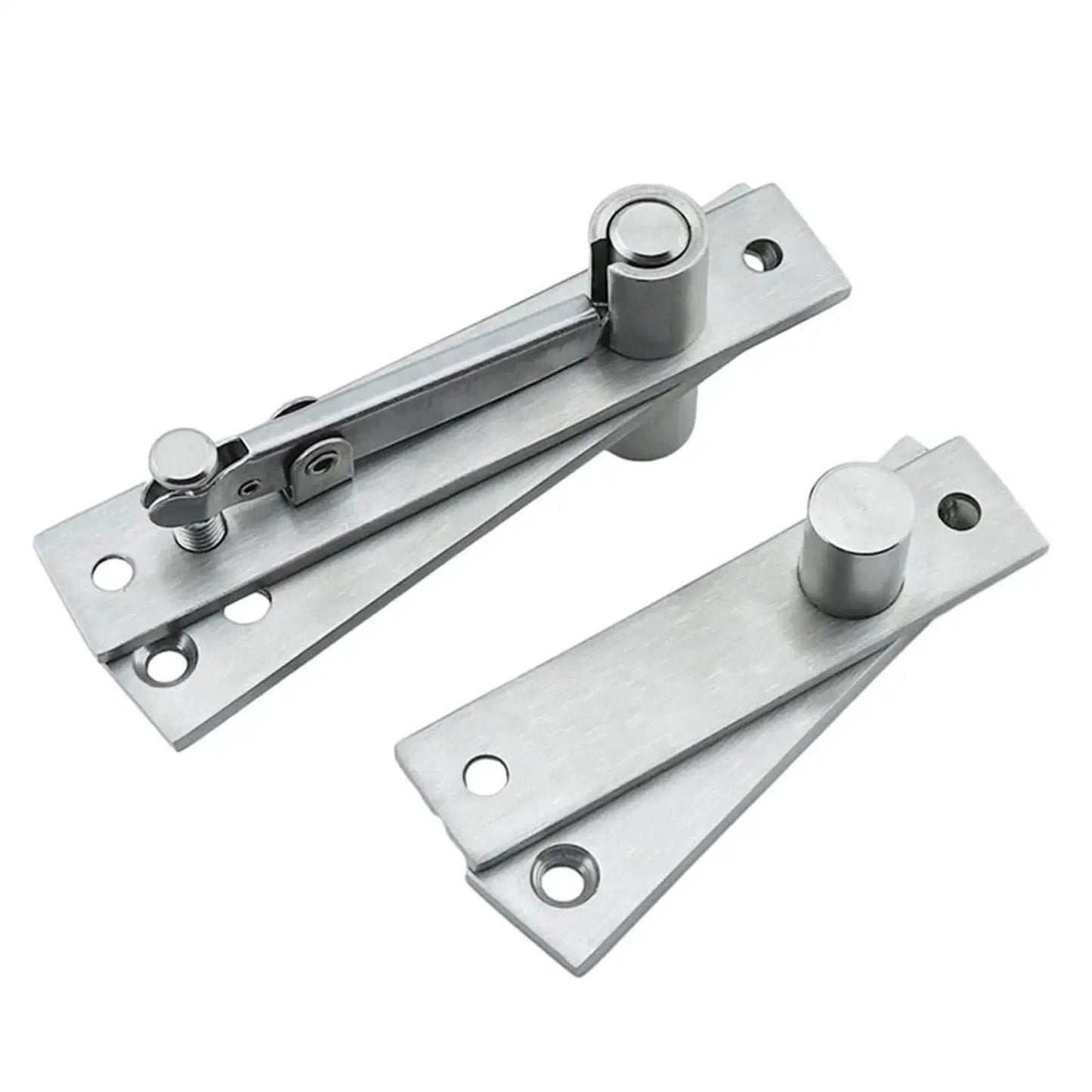 360 Degree Stainless Steel Swing Door Pivot Hinge for Concealed Bookcase and Secret Door, two hinges visible on white background