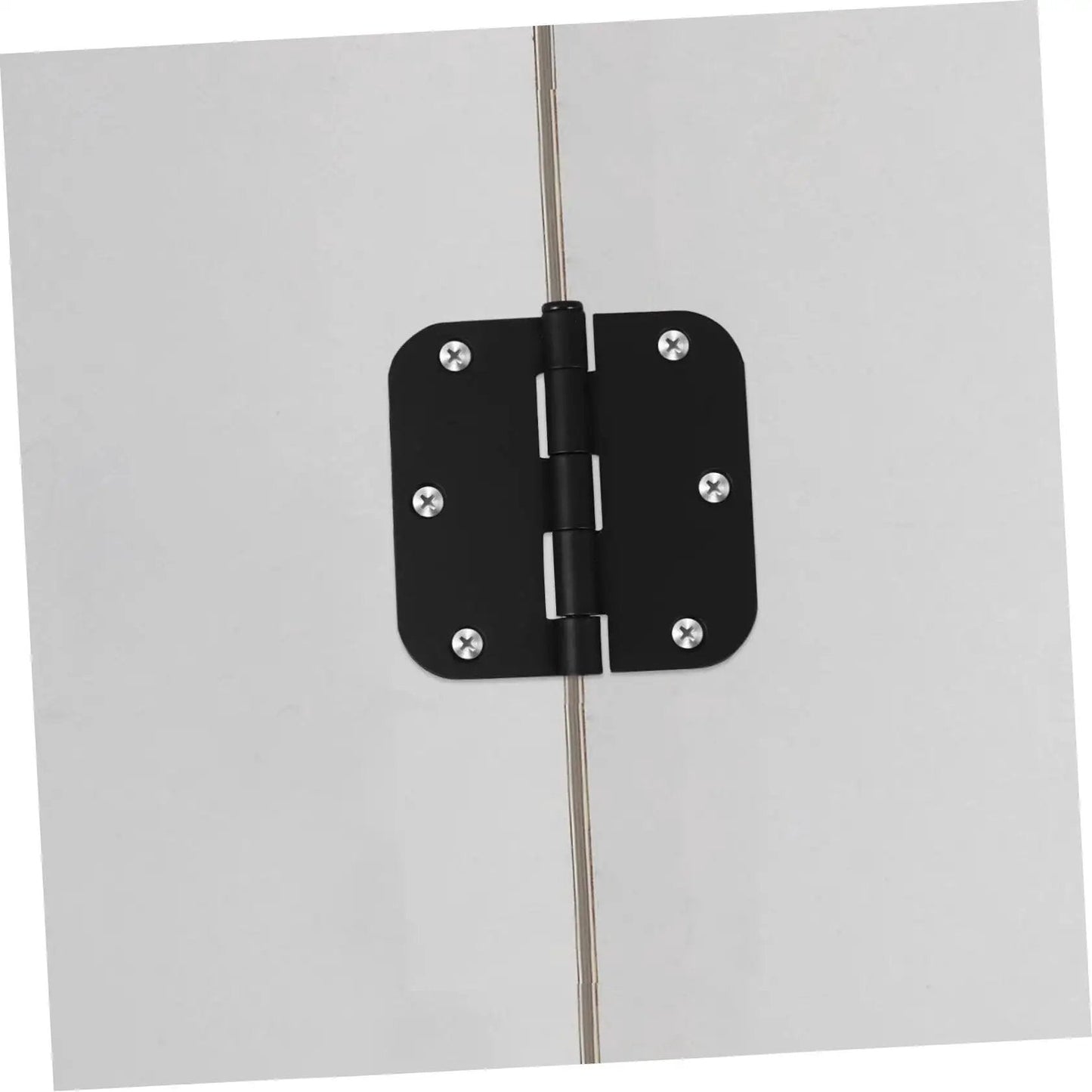 Installed heavy duty iron door hinge with rounded corner design for cabinets and outdoor gates, high load capacity and safe edges.