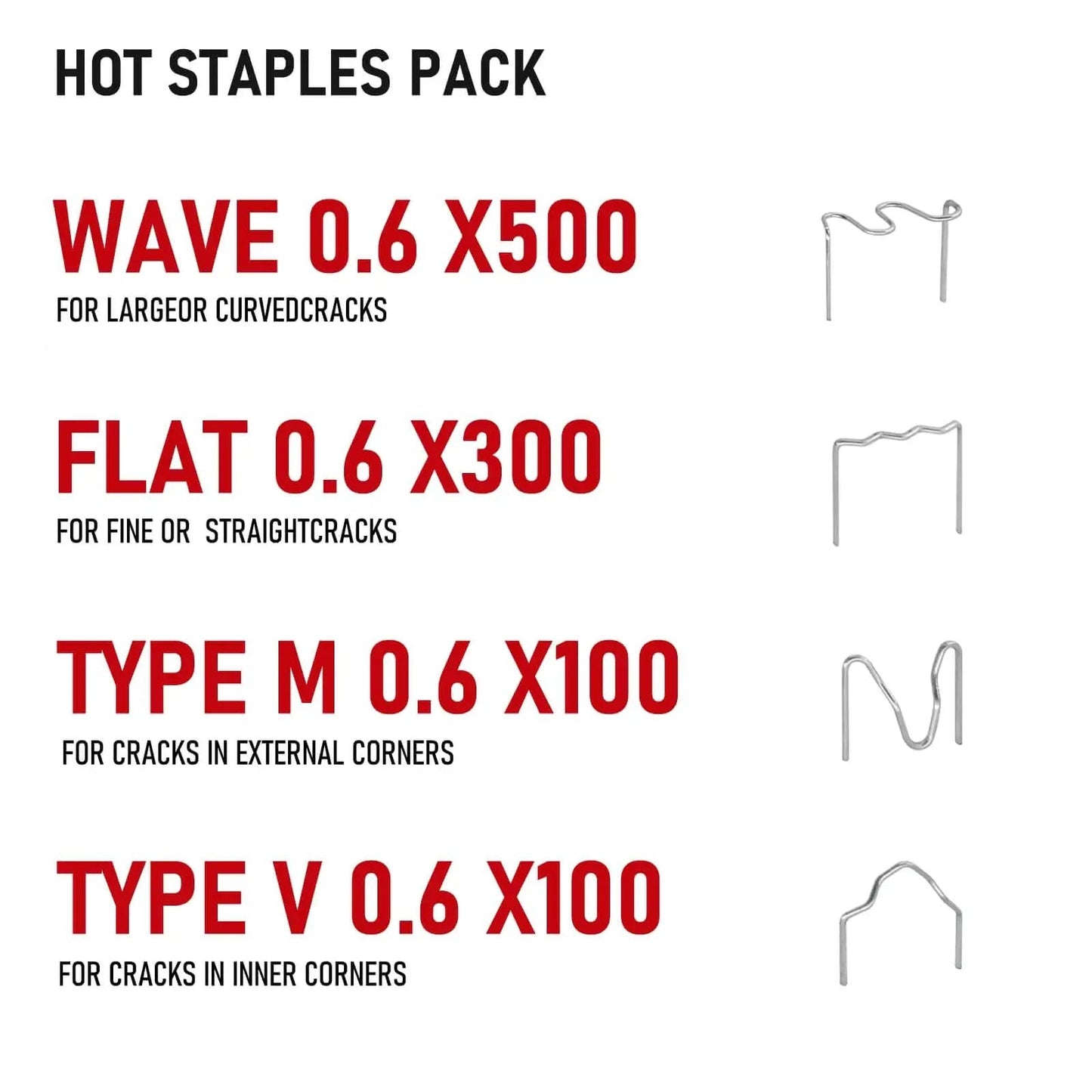 Different types of hot staples for Two In One Plastic Welder Kit With 100W Welding Gun And Soldering Iron 110V 120V for various crack repairs.