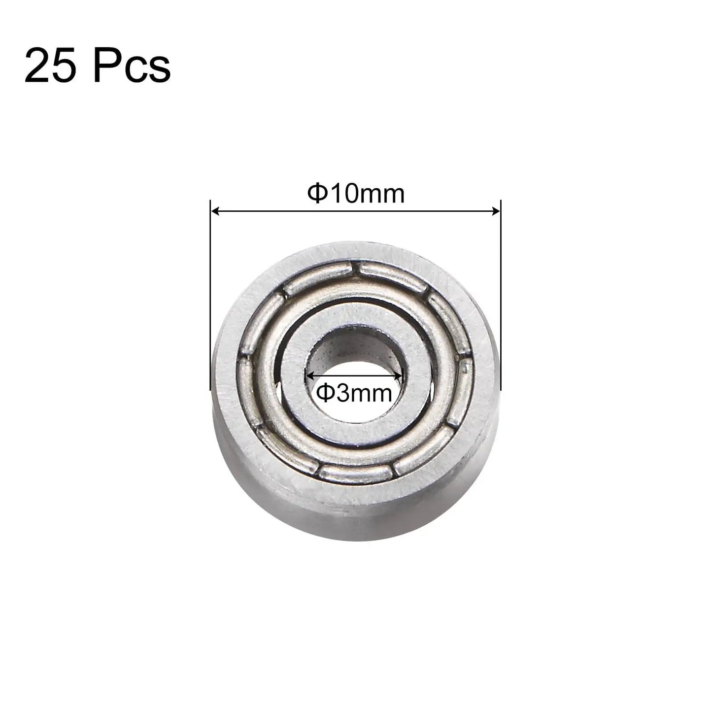 Front view of a 623ZZ deep groove ball bearing showing 3mm bore, 10mm OD, 4mm thickness, part of a pack of 25 for motors and HDDs.