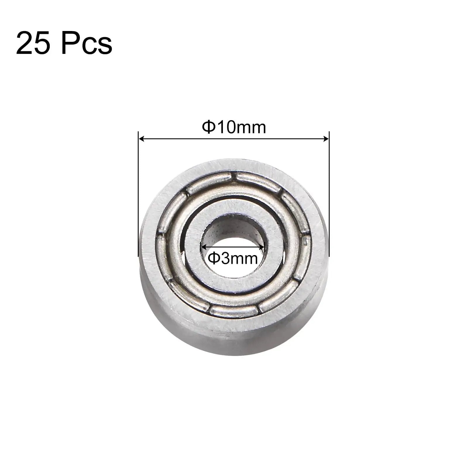 Front view of a 623ZZ deep groove ball bearing showing 3mm bore, 10mm OD, 4mm thickness, part of a pack of 25 for motors and HDDs.