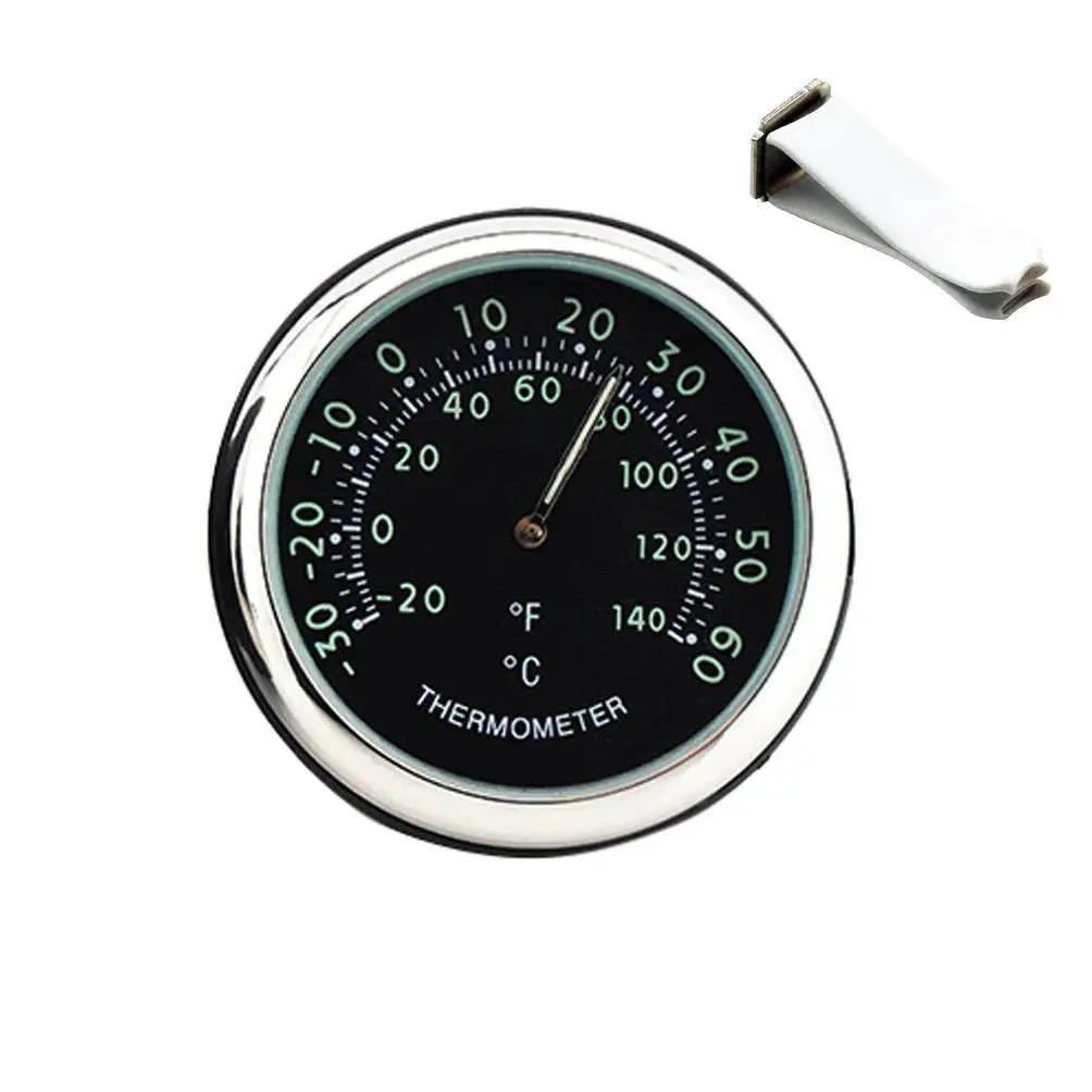 Mini Car Dashboard Thermometer Clip For Air Vent With Night Glow showing black dial and vent clip attachment