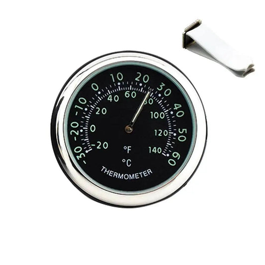 Mini Car Dashboard Thermometer Clip For Air Vent With Night Glow showing black dial and vent clip attachment