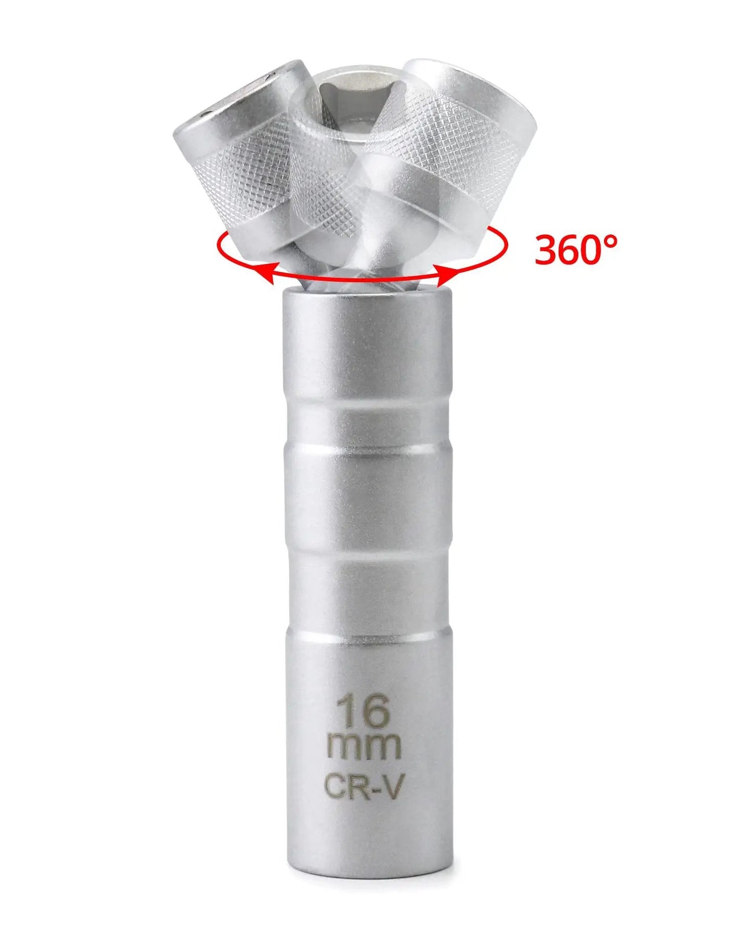 Magnetic Swivel Spark Plug Socket 14mm And 16mm Go To Thin Wall Three Eighths Inch Drive 12 Point Chrome Vanadium Steel 360 Degree Rotation visible from the front with 360° swivel head.