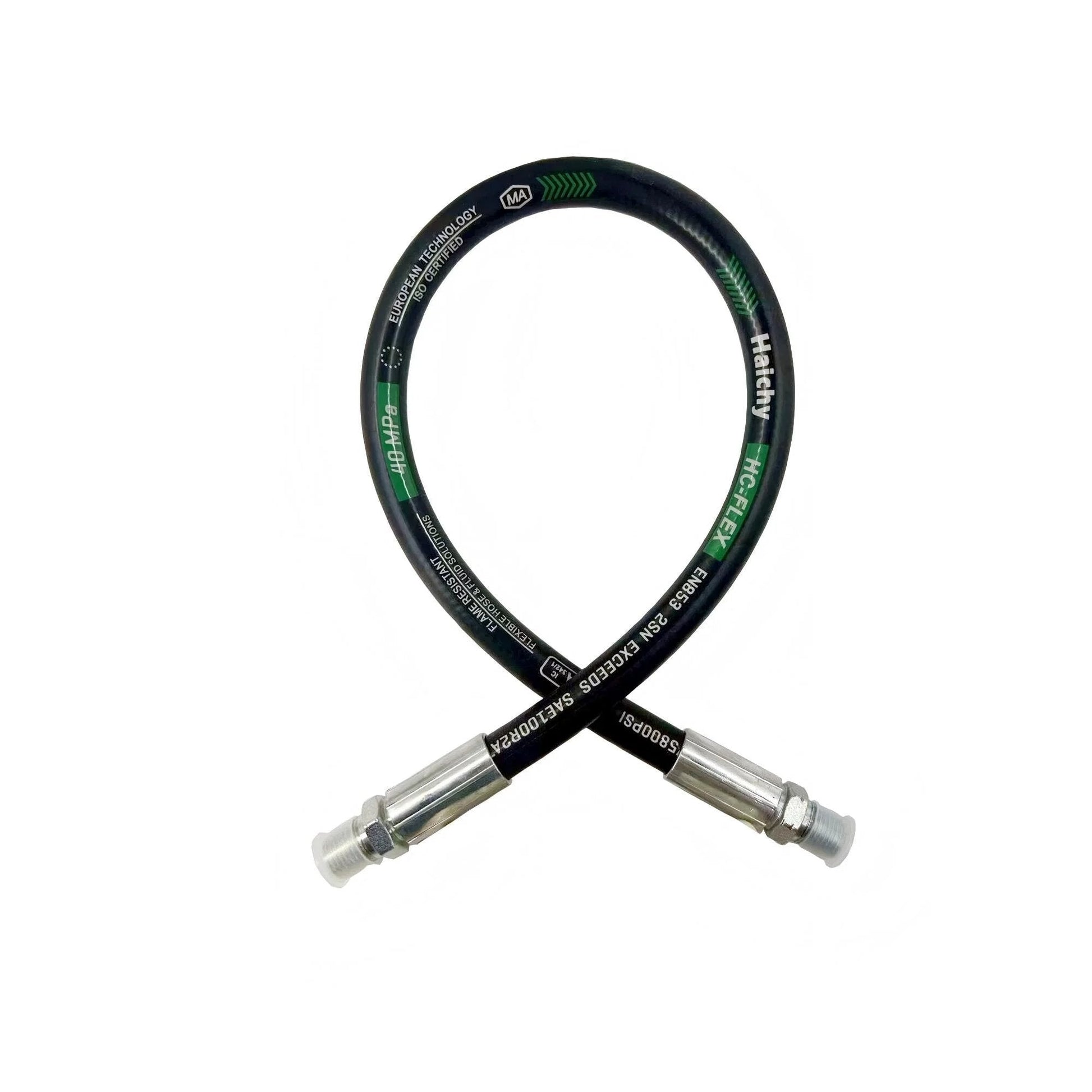 One Half Inch Hydraulic Hose With Male NPT Ends, 18 Inch Long, High Pressure 3988 PSI, Oil Resistant Outer Layer, Weather Resistant And Wear Resistant, Built For Tough Heavy Duty Hydraulic Systems From Minus Forty C To One Hundred C.