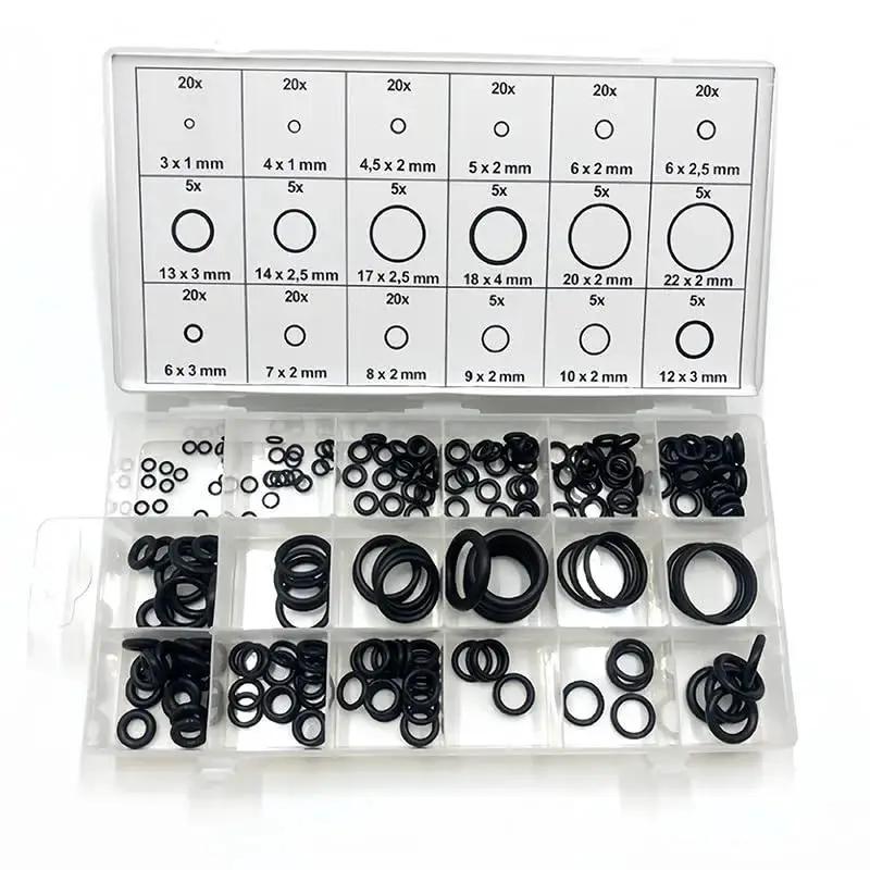 225 Pieces Nitrile Rubber O Ring Kit With 18 Size Assortment For Automotive Plumbing Air Gas And Water Sealing Inner Diameters 3mm To 22mm Various Thicknesses Waterproof And Heat Resistant Durable NBR Seal Repair Gear in a plastic organizer box showing different ring sizes organized in compartments.
