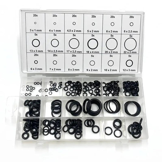 225 Pieces Nitrile Rubber O Ring Kit With 18 Size Assortment For Automotive Plumbing Air Gas And Water Sealing Inner Diameters 3mm To 22mm Various Thicknesses Waterproof And Heat Resistant Durable NBR Seal Repair Gear in a plastic organizer box showing different ring sizes organized in compartments.