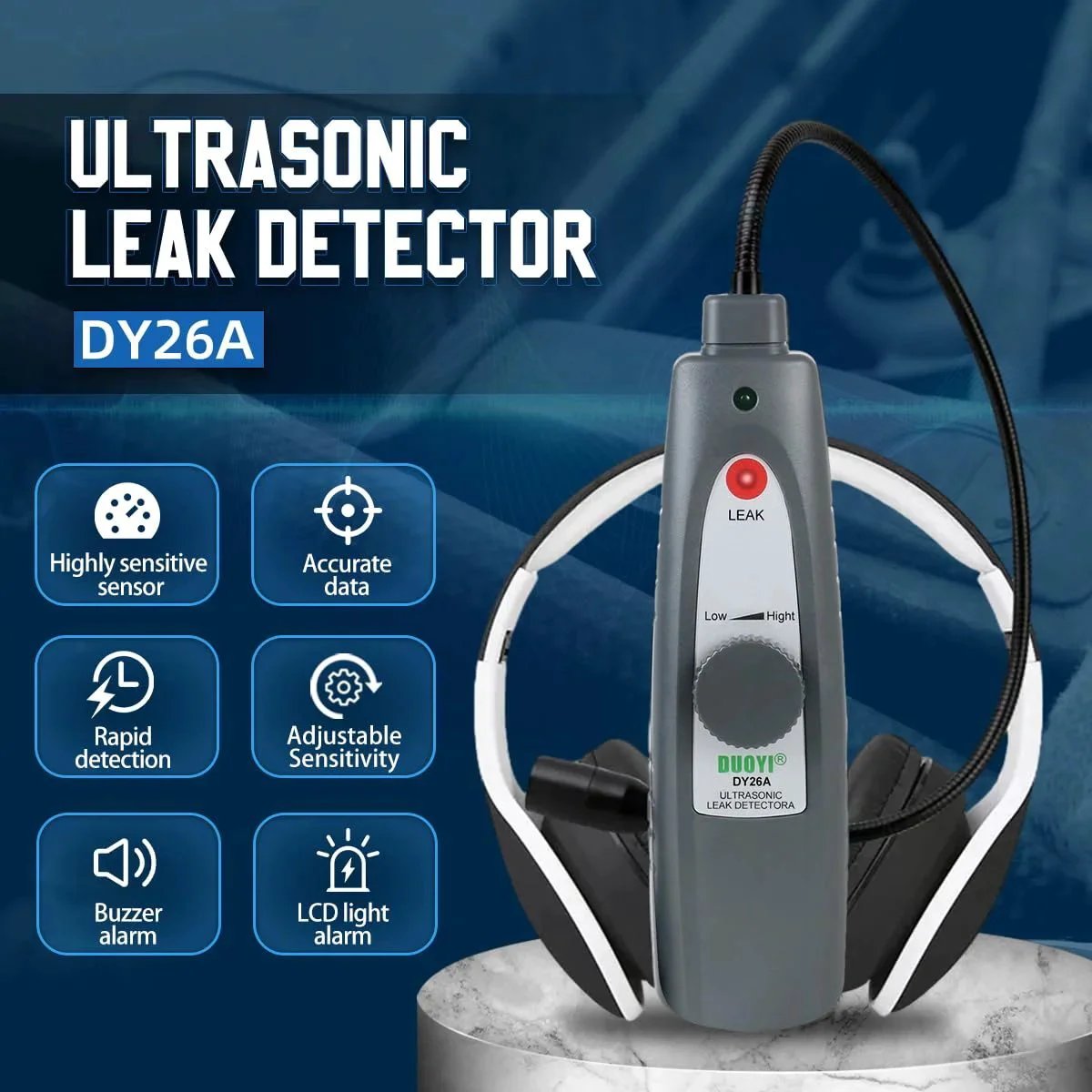 Ultrasonic Leak Detector With Headphones Included For Steam Pipes And Automotive Noise Finding showing device features
