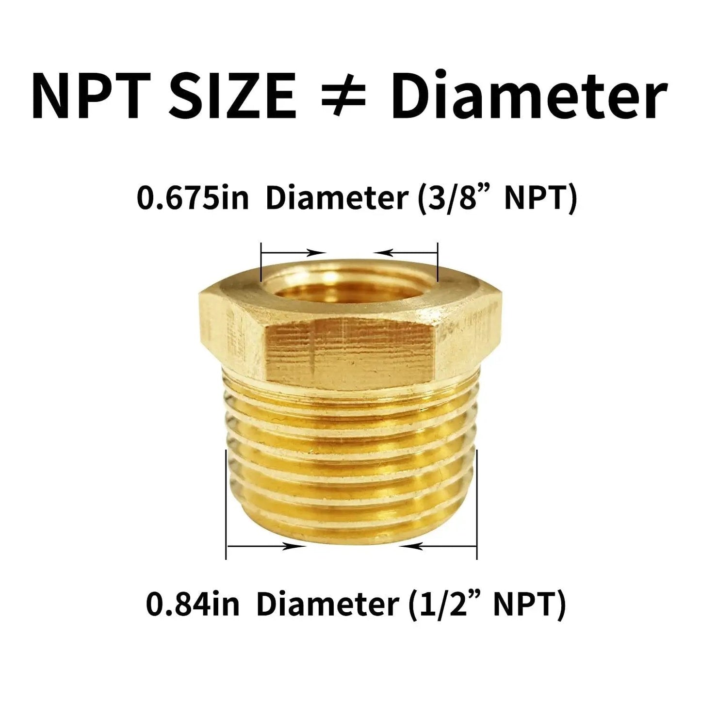 Close-up of Brass Hex Bushing Reducer Set One Half Inch NPT Male To Three Eighth Inch NPT Female 2 Pack With Sealing Tape