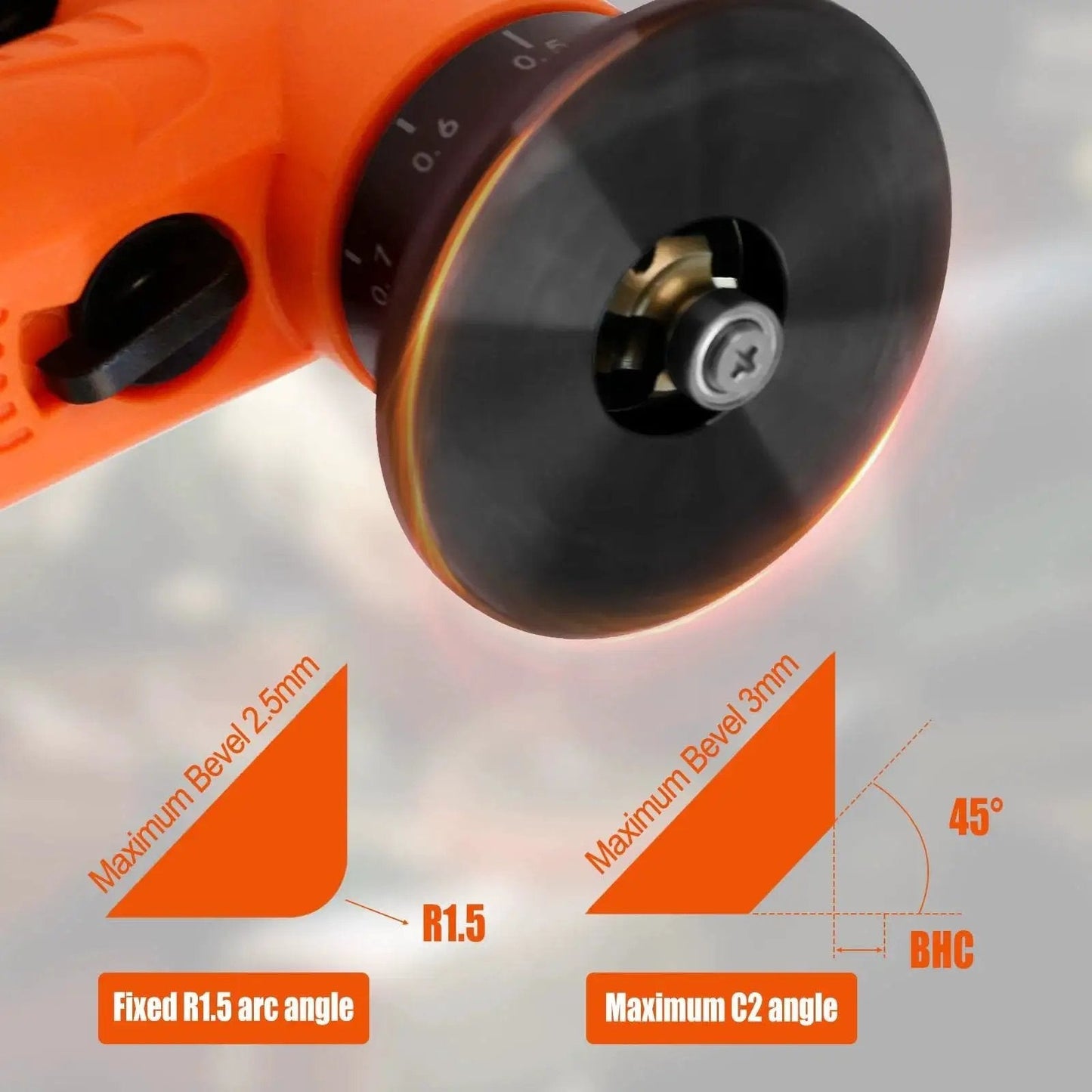 Close-up of 2 In 1 Mini Pneumatic Chamfering Tool For Right Angles And Round Corners showing details of maximum bevel angles.