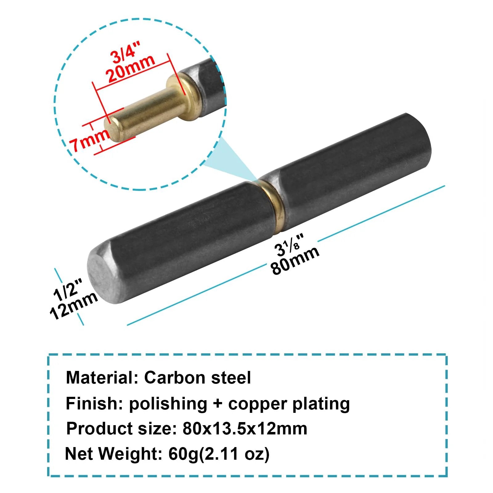 Carbon steel Beefy 20 Pack Weld On Bullet Hinge Set Three And One Eighth By One Half Inch Lift Off Barrel Hinges dimensions view