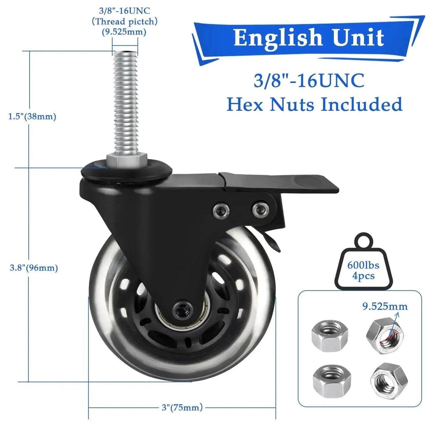 Three Inch Caster Wheels Set Of Four Heavy Duty Casters With Two Brakes And Two Swivel Casters No Noise Rubber Wheels diagram