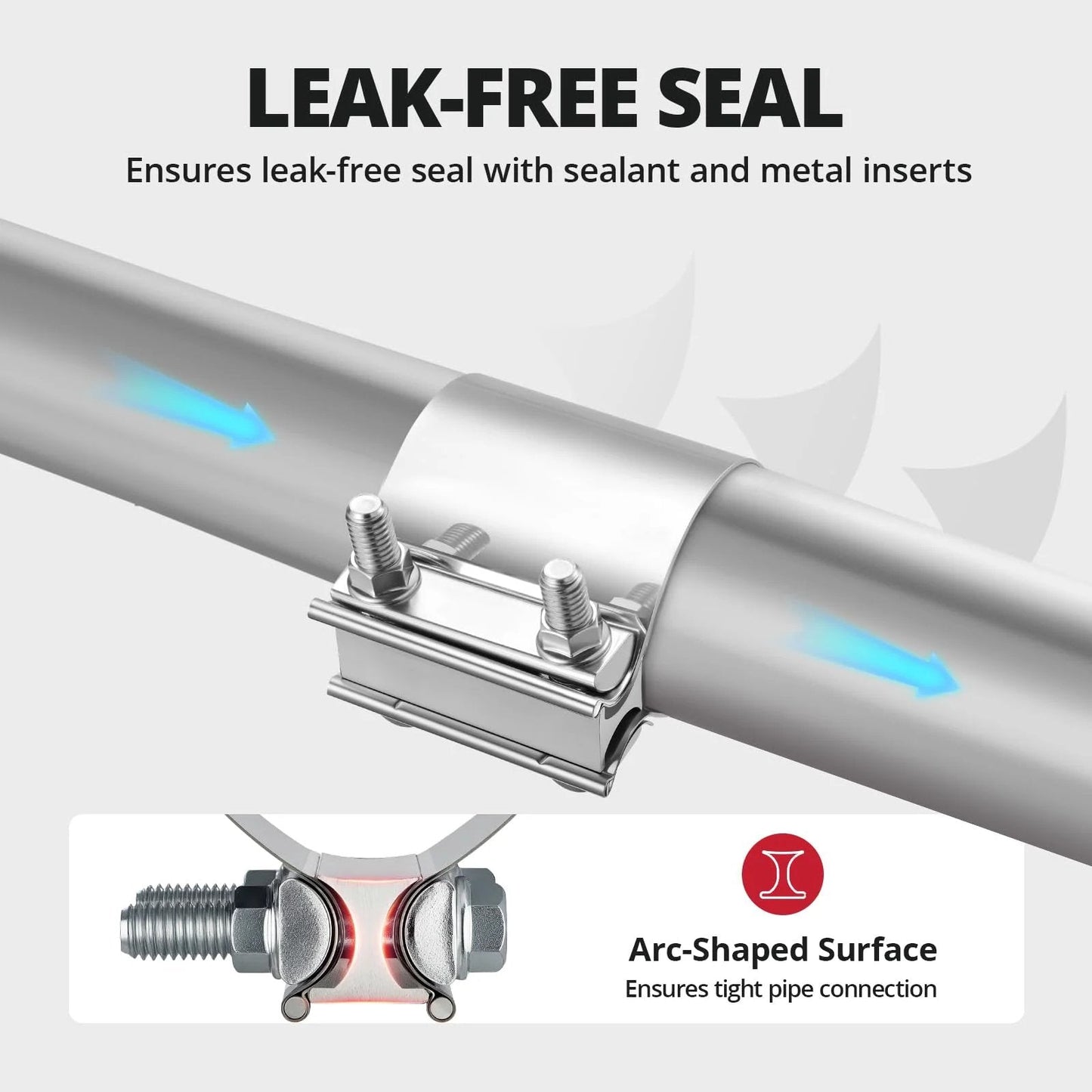Two Point Five Inch Exhaust Clamp For Pipes Mufflers And Catalytic Converters Stainless Steel 304 Heavy Duty Butt Joint Band Clamp Sleeve Coupler One Piece Easy Install No Welding By Evil Energy showing leak-free seal and arc-shaped surface ensuring tight pipe connection.