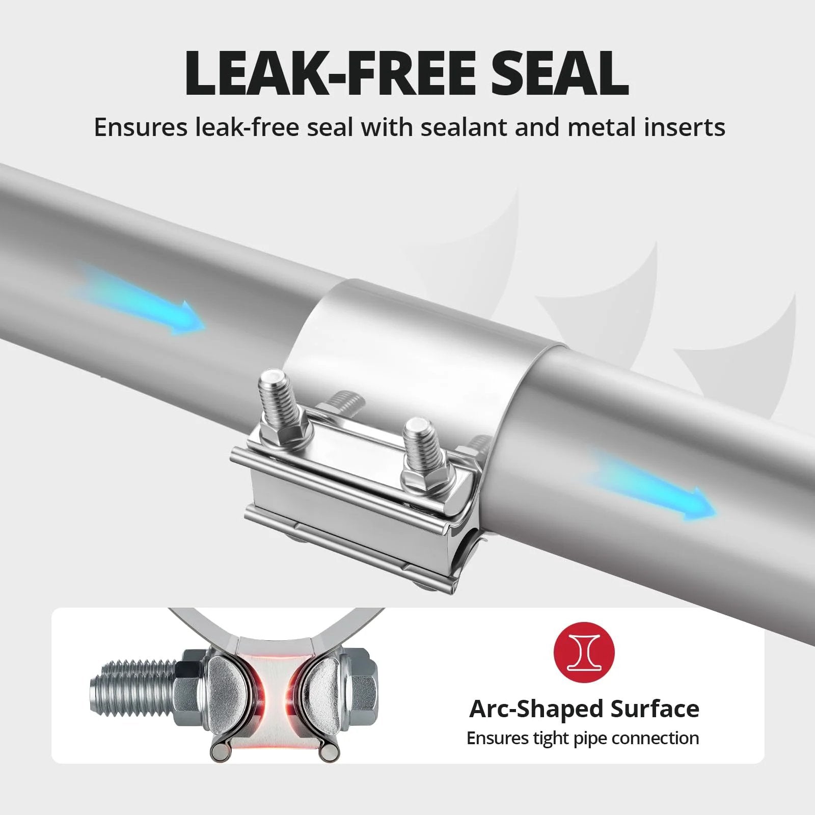 Two Point Five Inch Exhaust Clamp For Pipes Mufflers And Catalytic Converters Stainless Steel 304 Heavy Duty Butt Joint Band Clamp Sleeve Coupler One Piece Easy Install No Welding By Evil Energy showing leak-free seal and arc-shaped surface ensuring tight pipe connection.