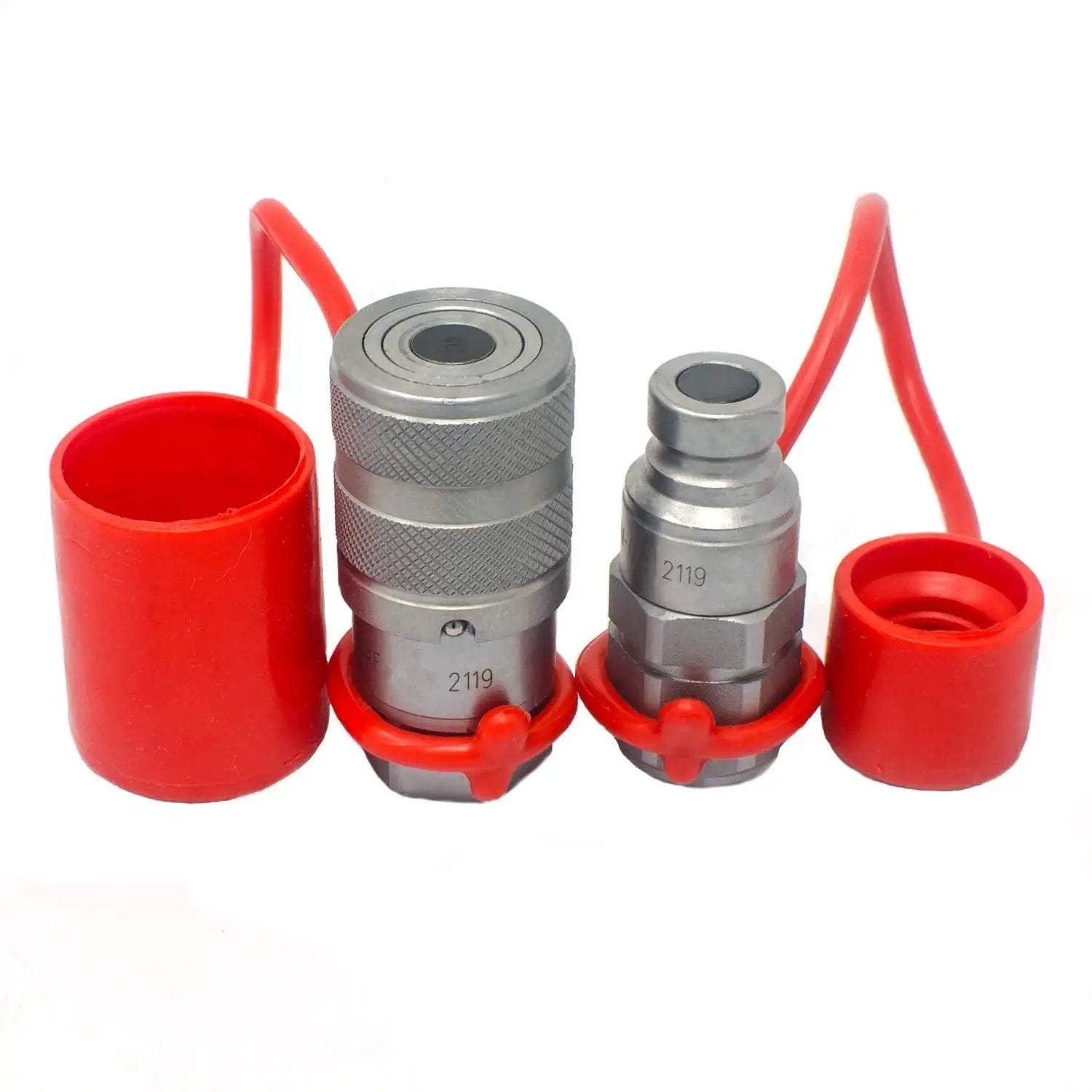 Flat Face 1/4 Inch NPT Hydraulic Quick Connect Couplers Set With Dust Caps, ISO 16028, metal couplings with red caps