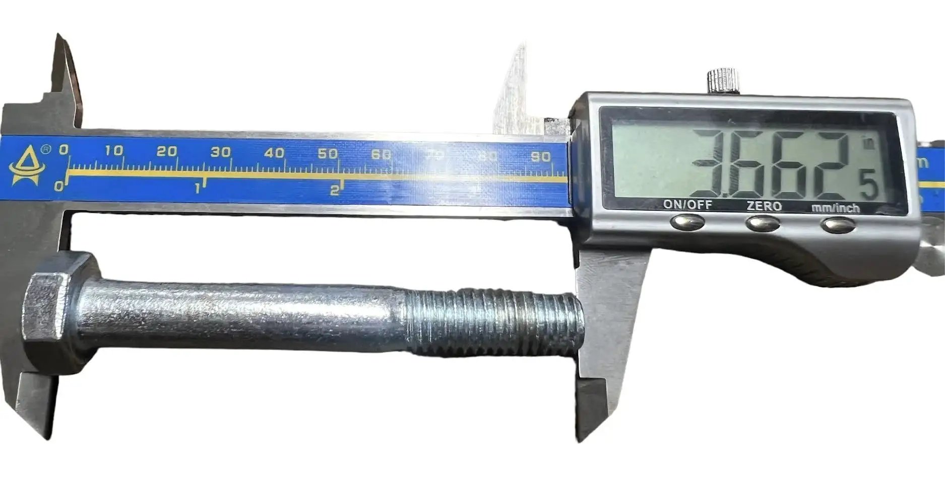 Metal bolt measured by digital caliper showing 36.52mm, illustrating precision fitting and measurement details