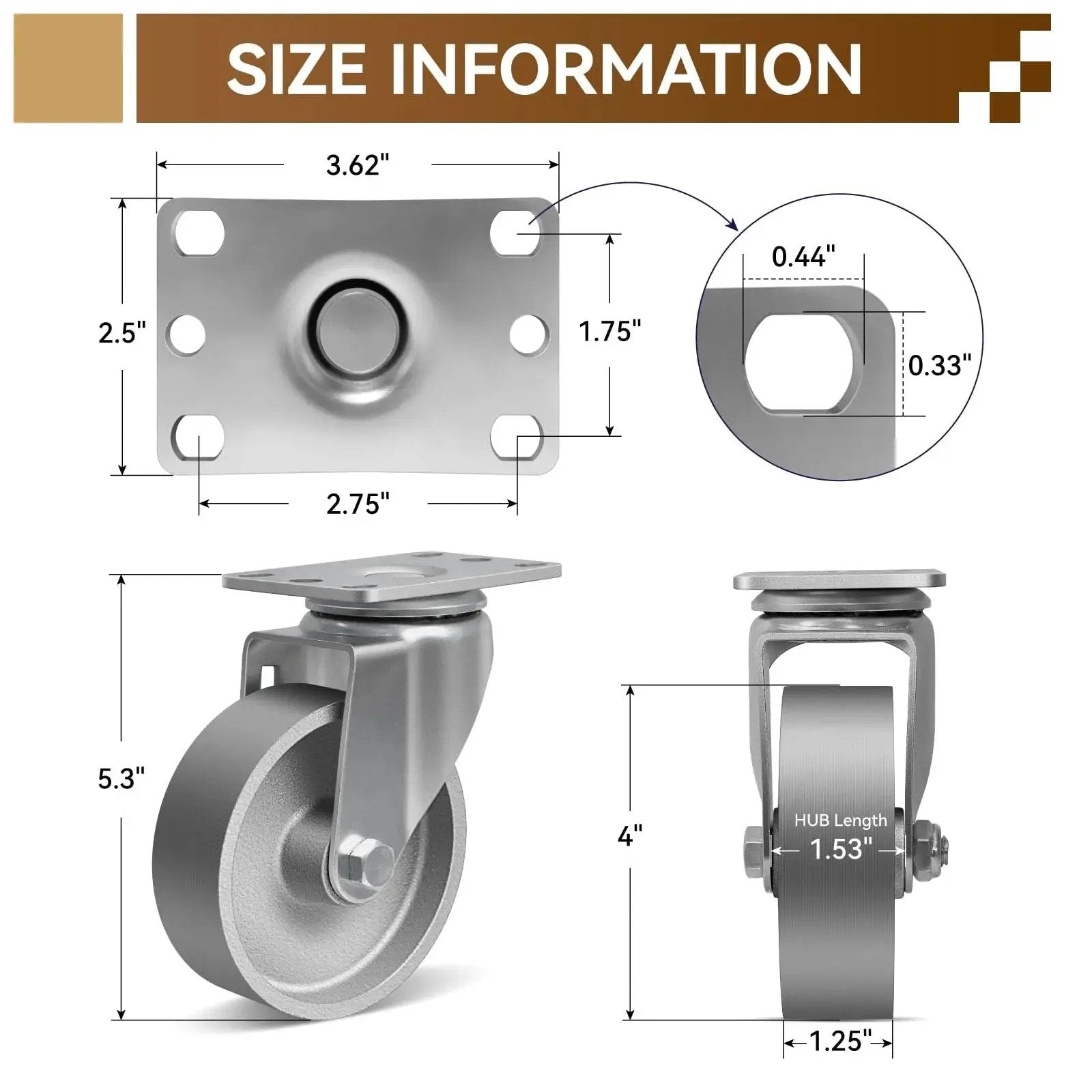 Technical diagram of 4 Inch Heavy Duty Cast Iron Caster Wheels Set Of 4 With 1600 Lb Load Capacity showing dimensions and construction details.