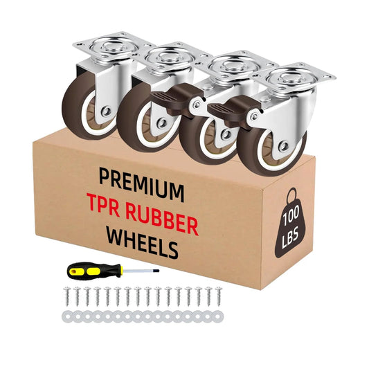 1 Inch Heavy Duty Caster Wheels Set Of 4 With Brakes 100 Lb Capacity Swivel Furniture Casters For Workbench Cabinet And Coffee Table Silent Rubber Wheels For Quiet Glide On Hardwood And Carpet