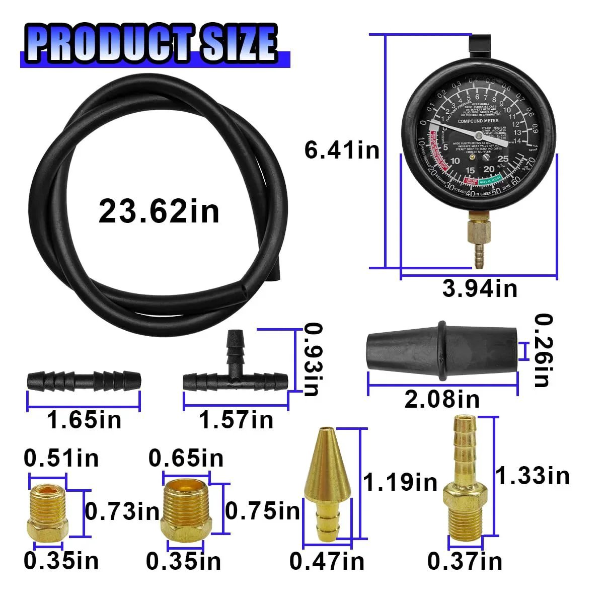 Universal Vacuum And Fuel Pump Tester Gauge Kit By UHANBUT with components and dimensions including 23.62in hose and 6.41in gauge.