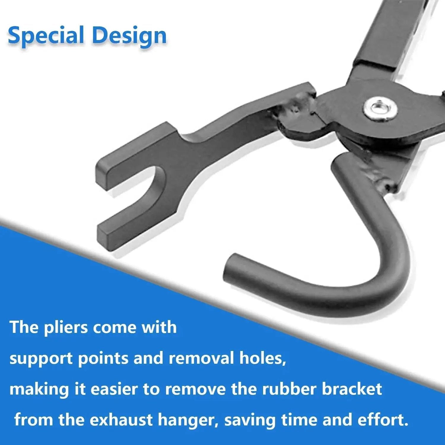 Close-up of Exhaust Hanger Removal Tool and Rubber Bracket Pliers for All Vehicles in black metal, showing special design features.