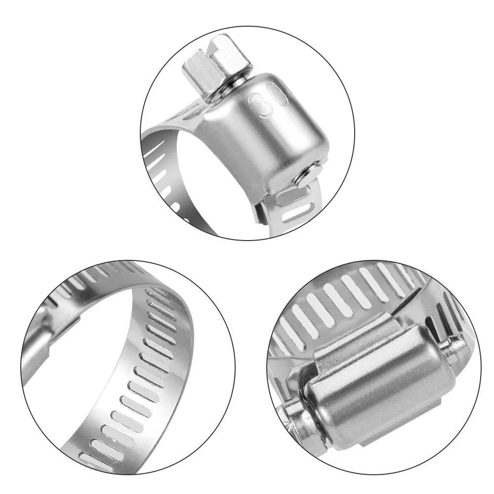 Close-up of Stainless Steel Hose Clamps Pack Of 20 Adjustable 6 To 12mm Size Range Worm Gear Fuel Line Clamp For Plumbing Automotive And Mechanical Applications Durable And Corrosion Resistant