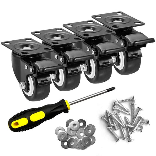 2" Caster Wheels Set of 4, Heavy Duty with Brake - Locking Polyurethane (PU) No Noise Swivel Plate Casters, Pack of 4