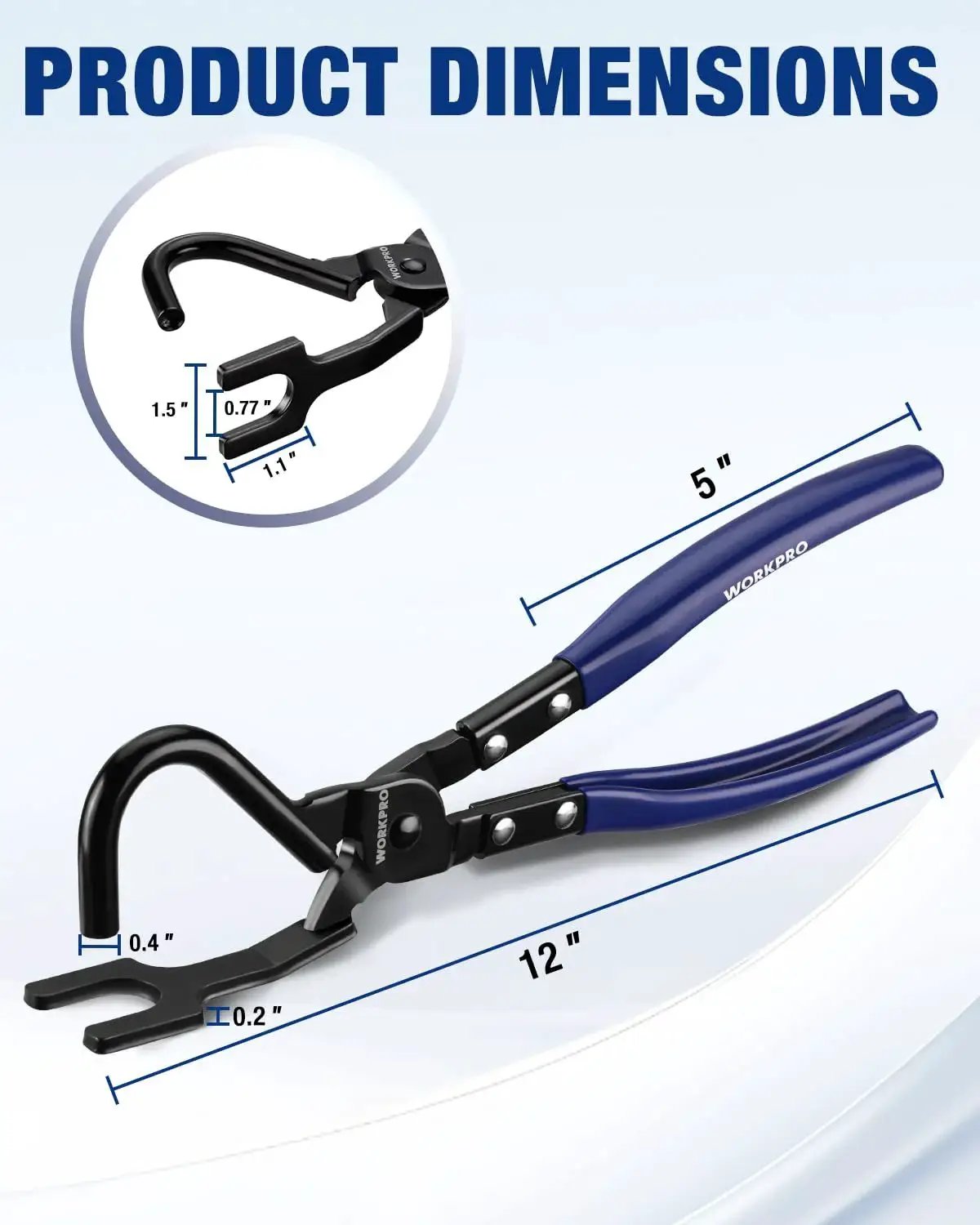 Heavy-Duty Exhaust Hanger Removal Tool With Non-Slip Grip For Rubber Hangers, dimensions labeled, black and blue handle.