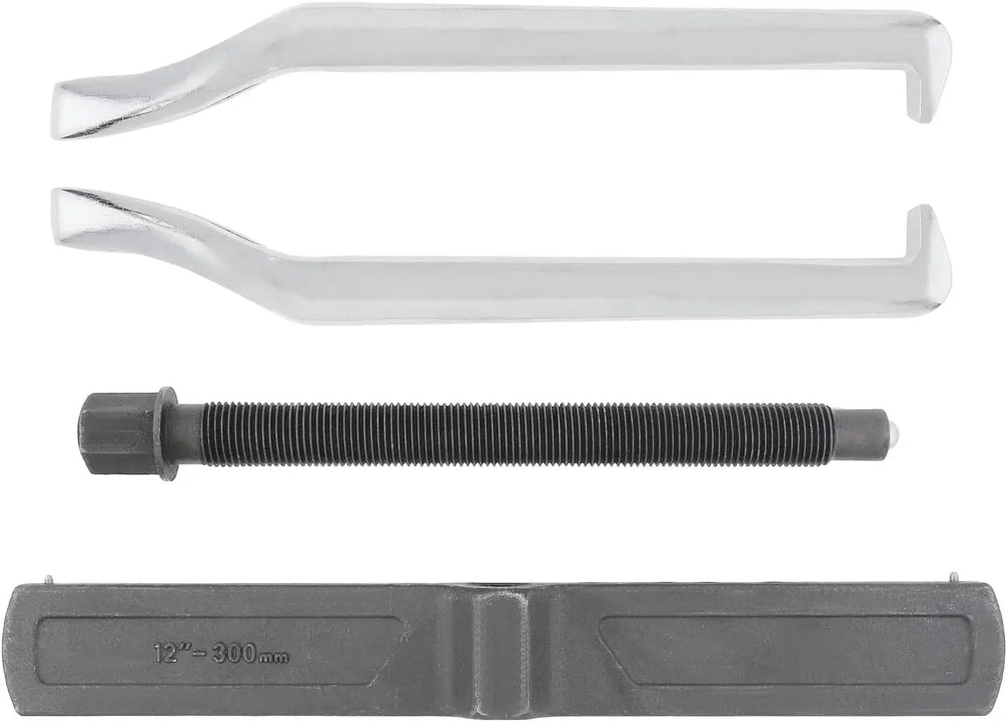 12 Inch Two Jaw Gear Puller With Adjustable Clamping Depth And Reversible Pulling Action, components laid out for assembly