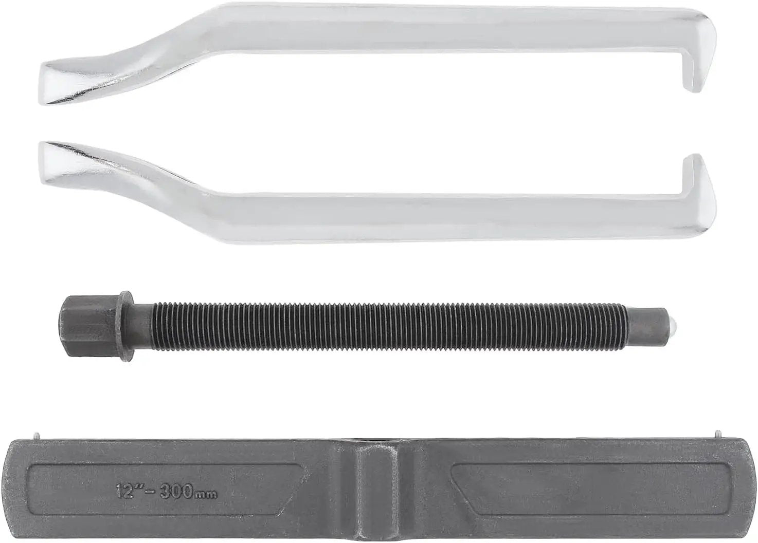 12 Inch Two Jaw Gear Puller With Adjustable Clamping Depth And Reversible Pulling Action, components laid out for assembly