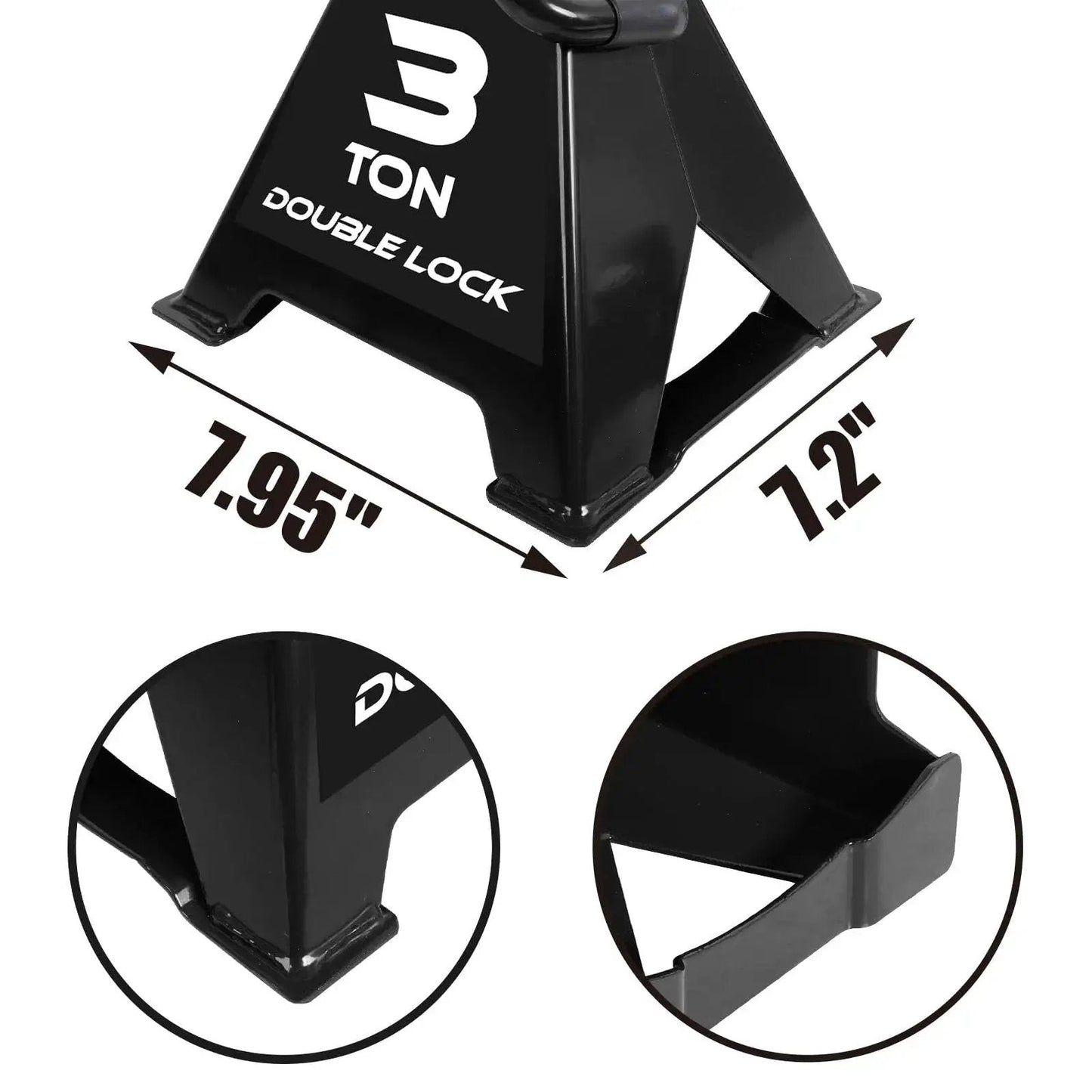 Heavy Duty 3 Ton Steel Jack Stands With Double Locking Pins 2 Pack showing base dimensions and locking pin features