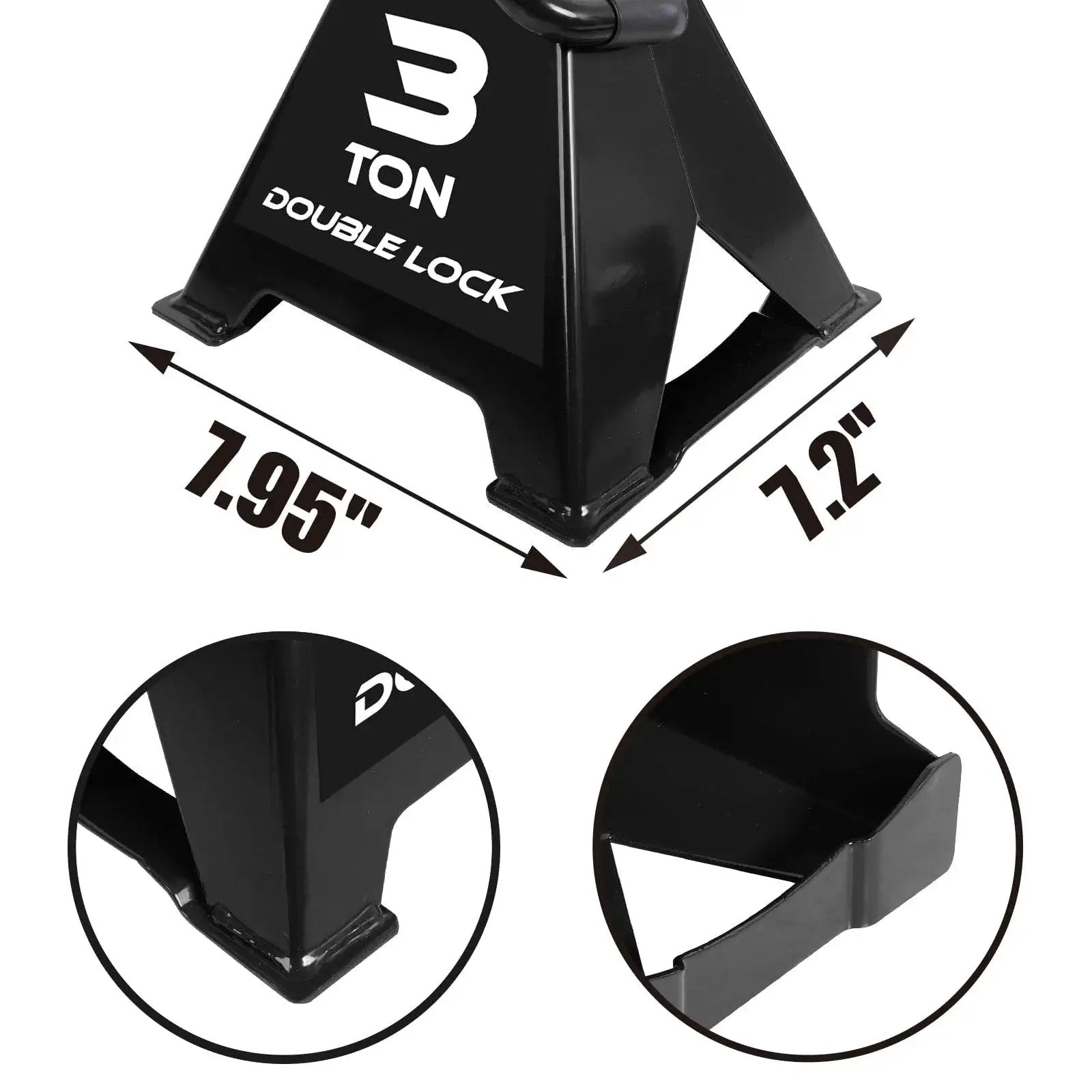 Heavy Duty 3 Ton Steel Jack Stands With Double Locking Pins 2 Pack showing base dimensions and locking pin features