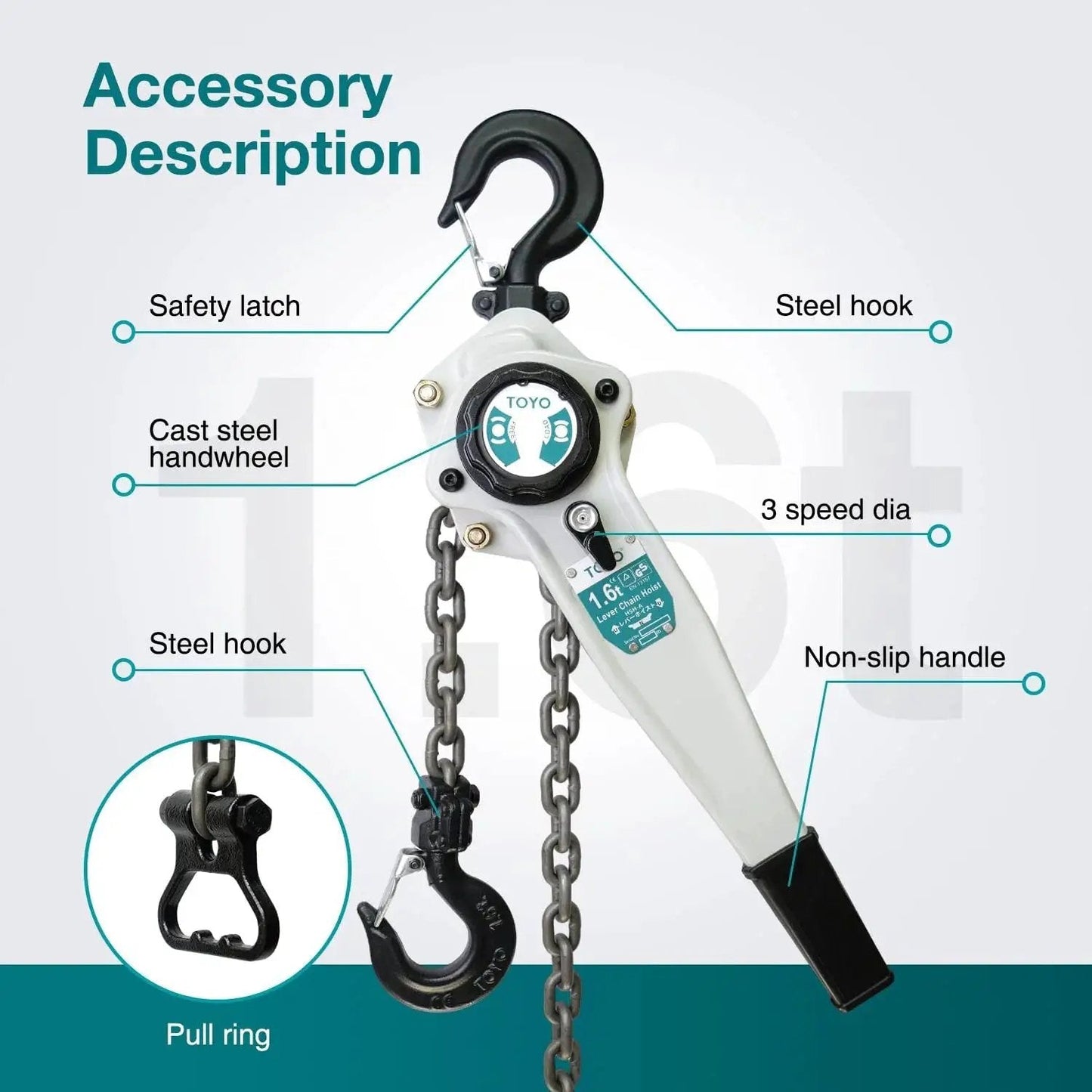 Lever Chain Hoist 3500 Lbs 20 Ft With G80 Alloy Chain And 2 Heavy Duty Hooks featuring steel hooks and safety latch