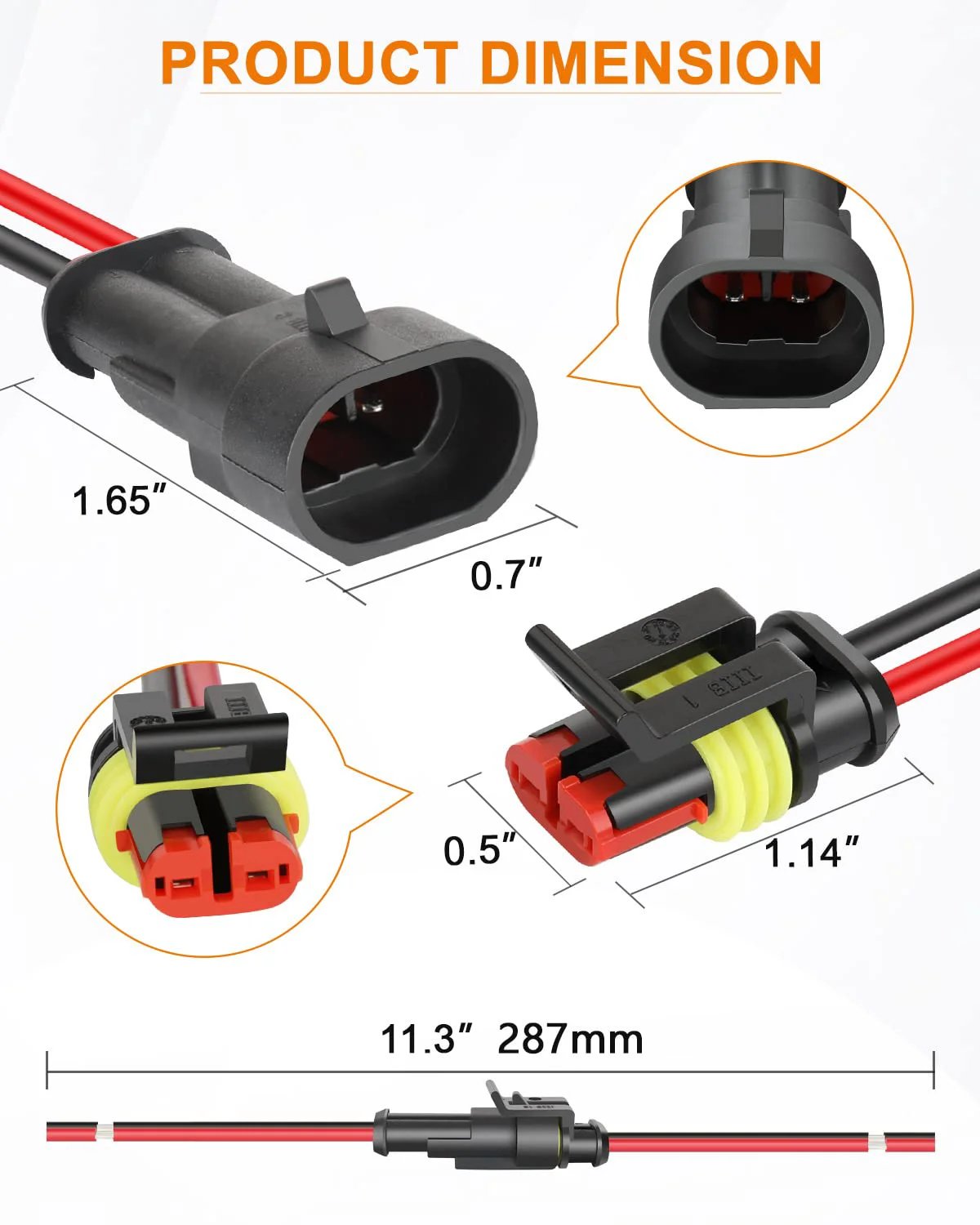 Waterproof 2 Pin Automotive Wiring Connector Kit With 16 AWG 2 Wire Plugs And Heat Shrink Tubing IP68 Seal For Car Truck Boat