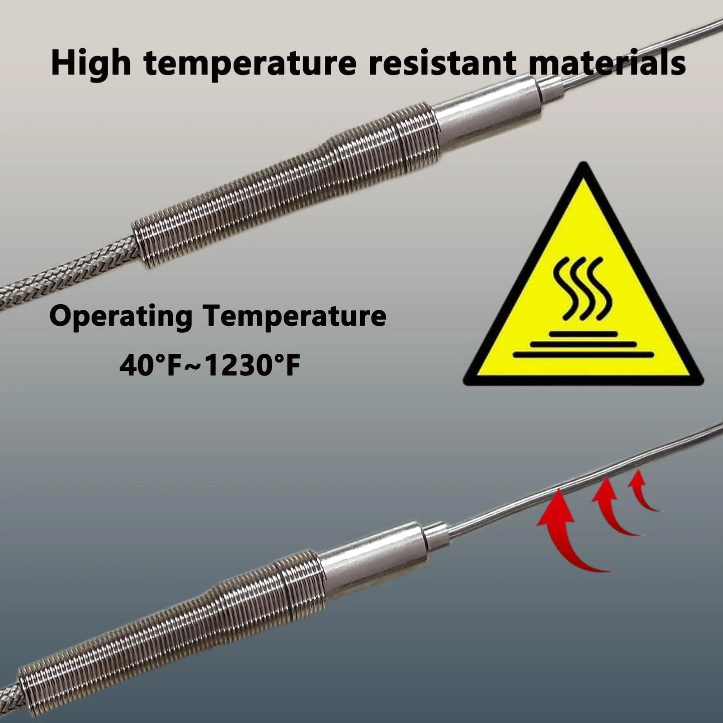 2-Pack TL1915SL K Type Thermocouple Probe, 6 Inch Sensing Tip, 0.06 Inch Diameter, showcasing high temperature range -40F to 1230F