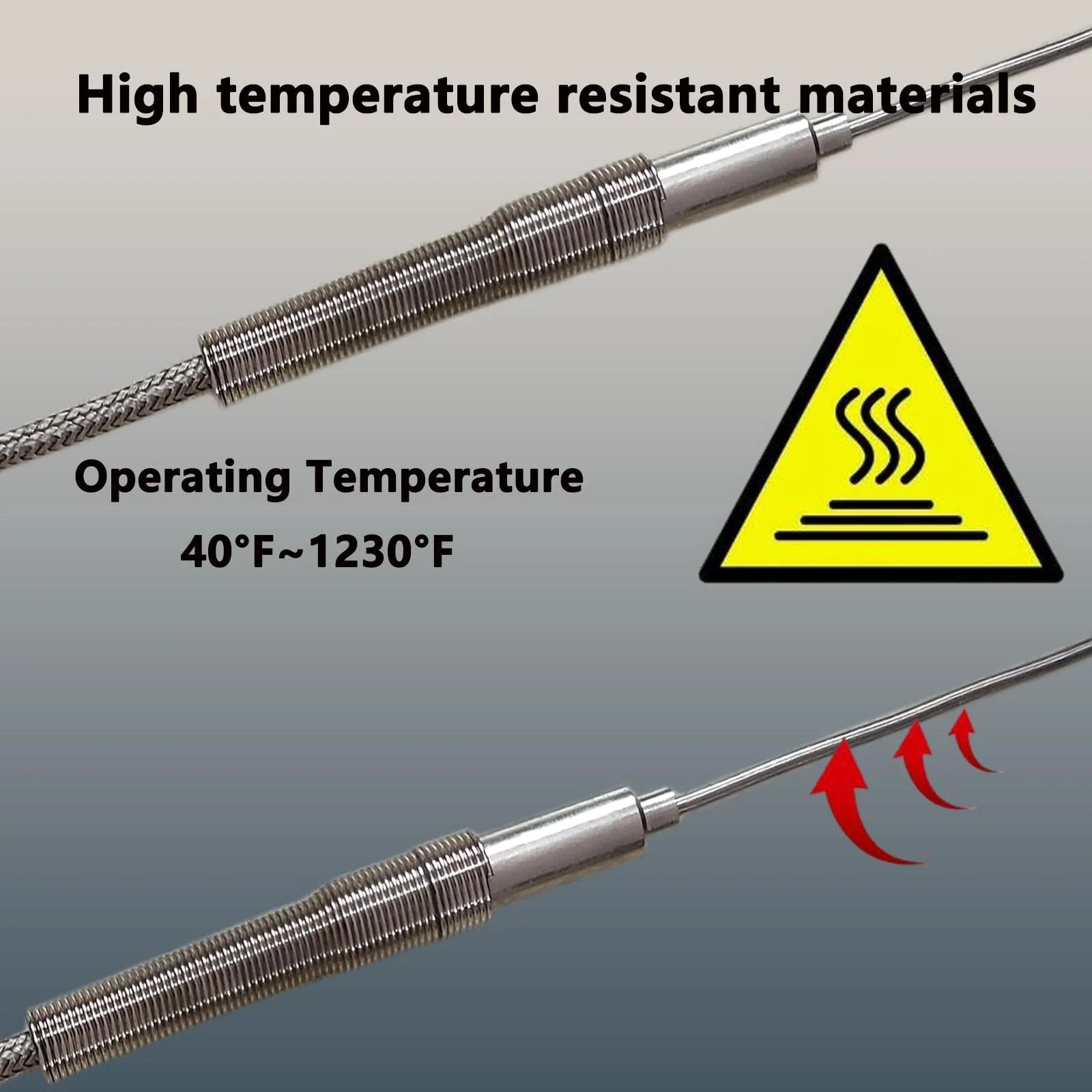 2-Pack TL1915SL K Type Thermocouple Probe, 6 Inch Sensing Tip, 0.06 Inch Diameter, showcasing high temperature range -40F to 1230F