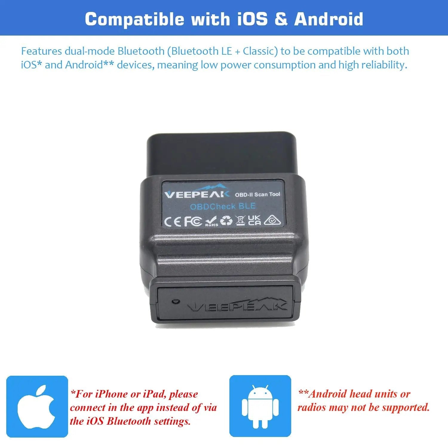 OBD2 Bluetooth Car Diagnostic Scanner For IOS And Android With BLE Read And Clear Check Engine Codes Live Data Freeze Frame O2 Sensor Tests IM Readiness, compact dongle view.