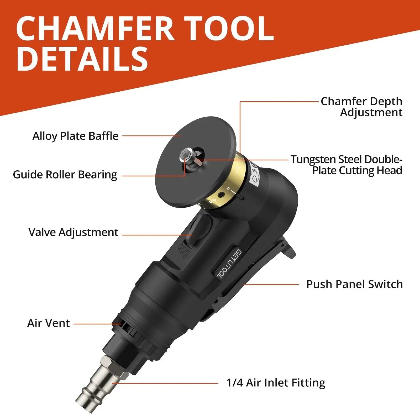 Front view of Pneumatic Chamfering Tool Kit Pro Grade with labeled parts, showing tungsten blades, air inlet, and adjustments.